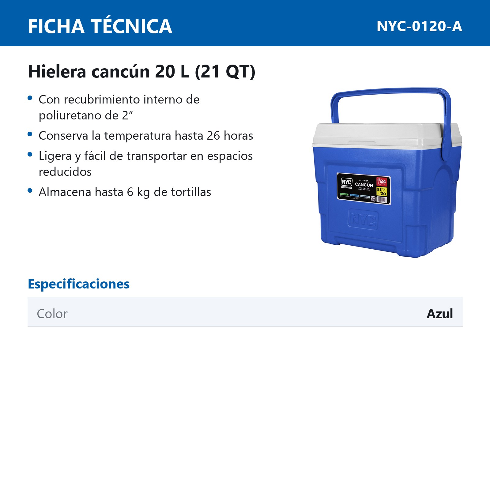 HIELERA NYC CANCUN 21 QTS. AZUL - Imagen 2