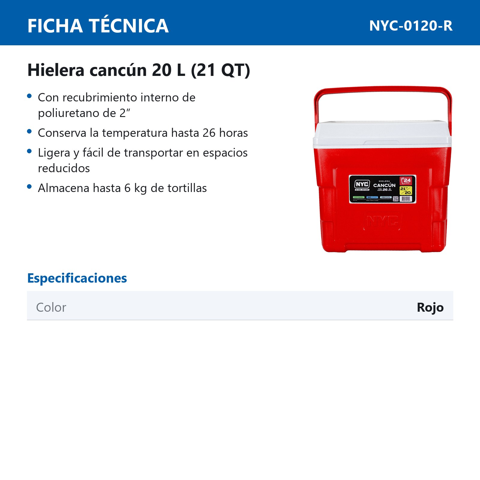 HIELERA NYC CANCUN 21 QTS. ROJO - Imagen 2