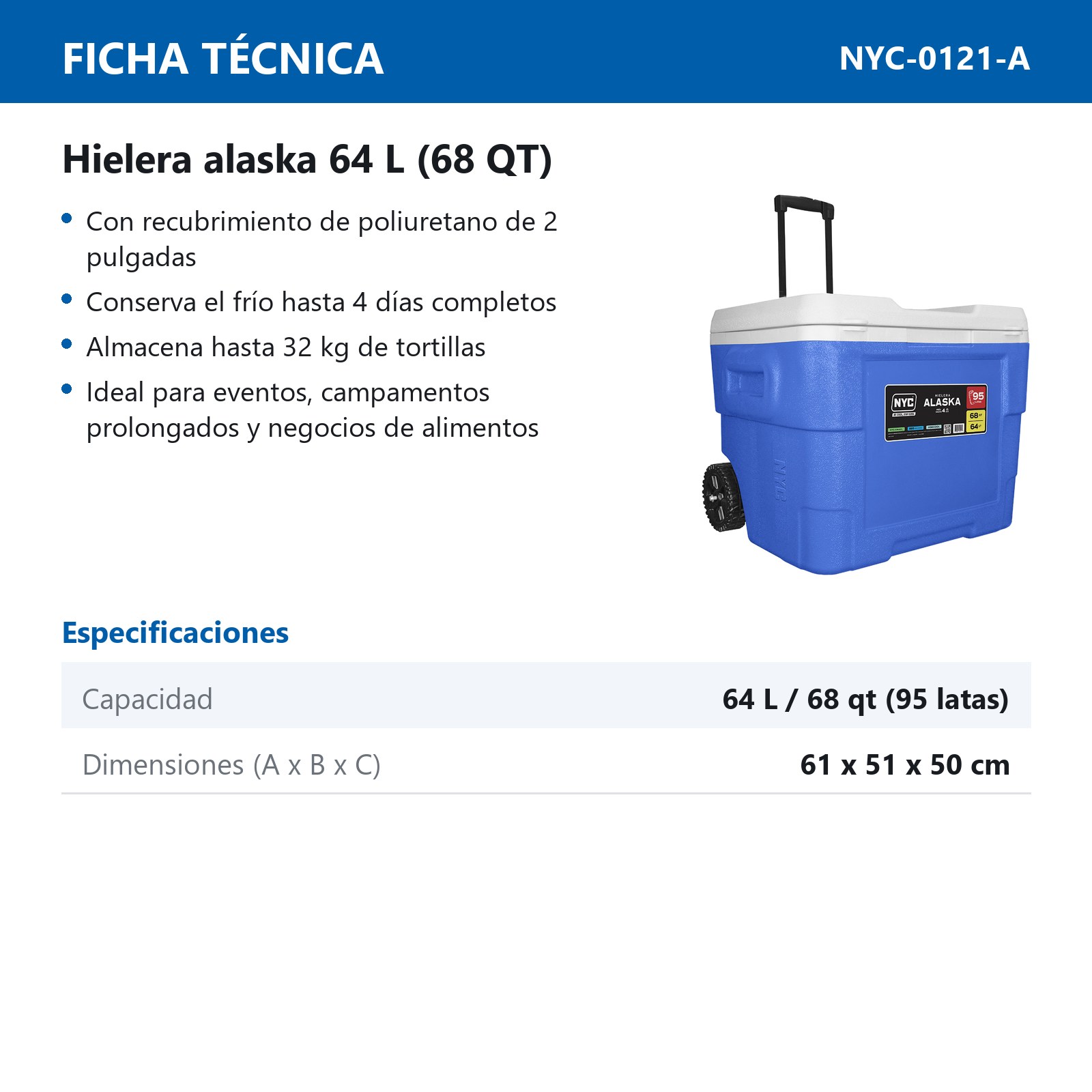 HIELERA NYC ALASKA 68 QTS AZUL - Imagen 2