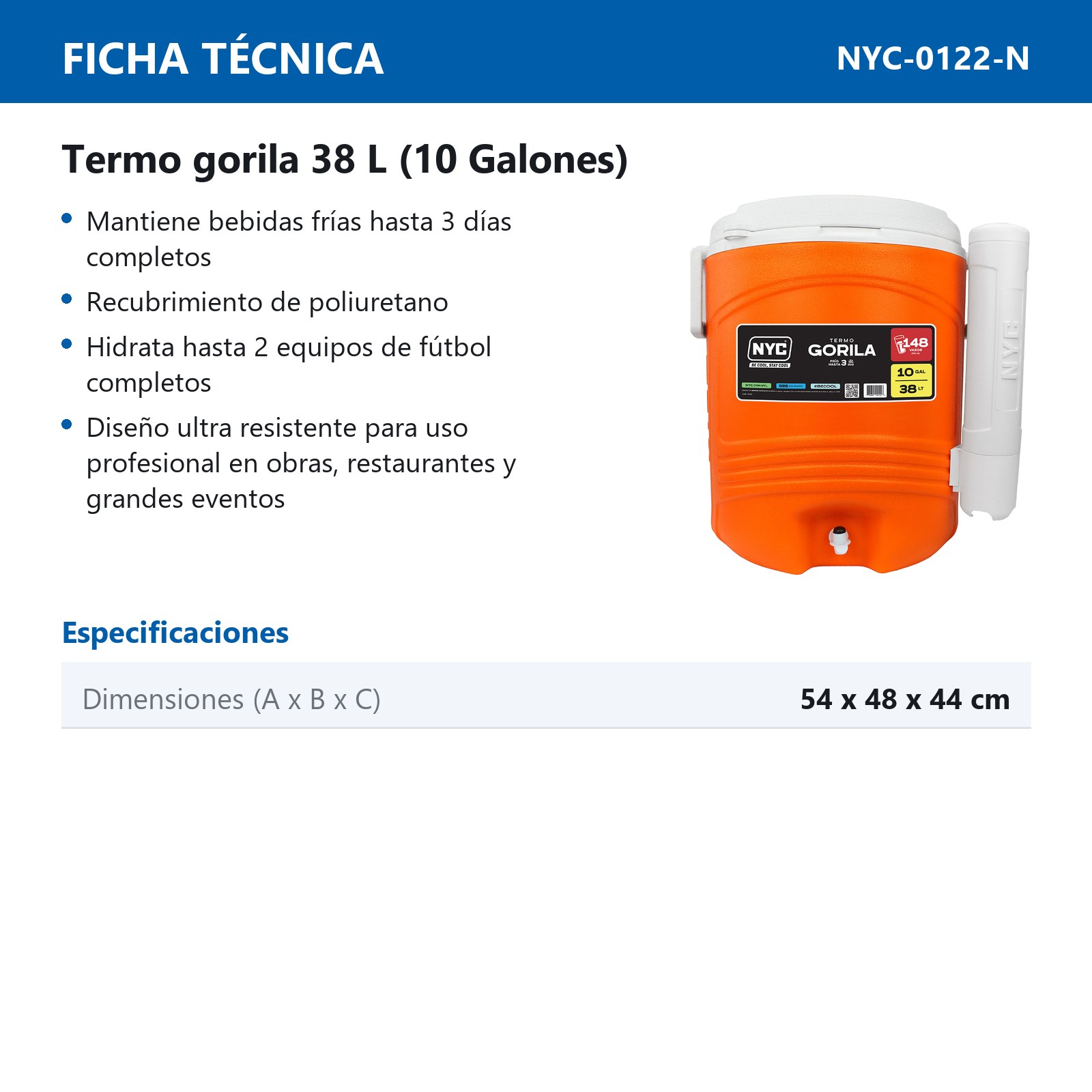 TERMO NYC GORILA 10 GALONES NARANJA - Imagen 2