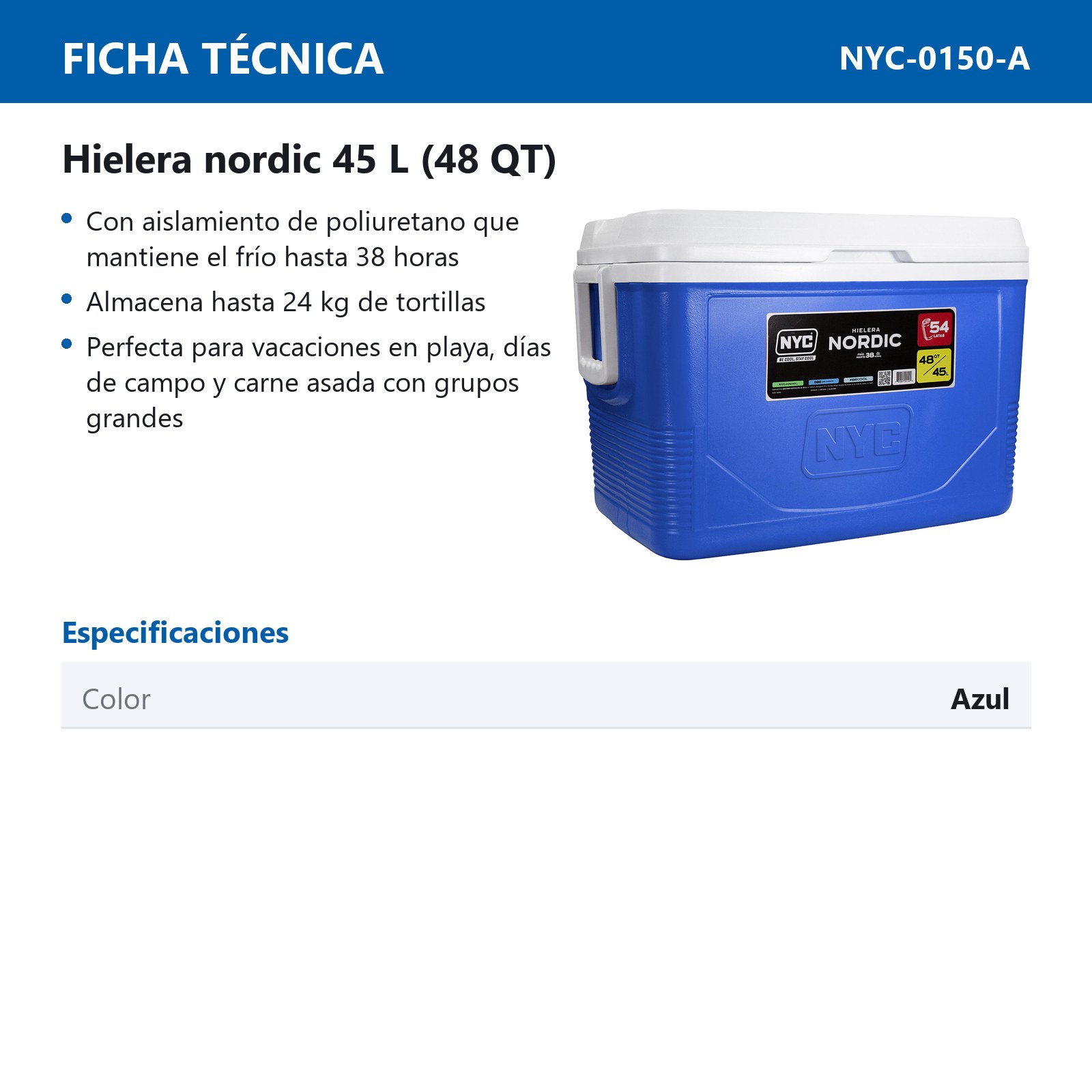 HIELERA NYC NORDIC 48 QTS. AZUL - Imagen 2