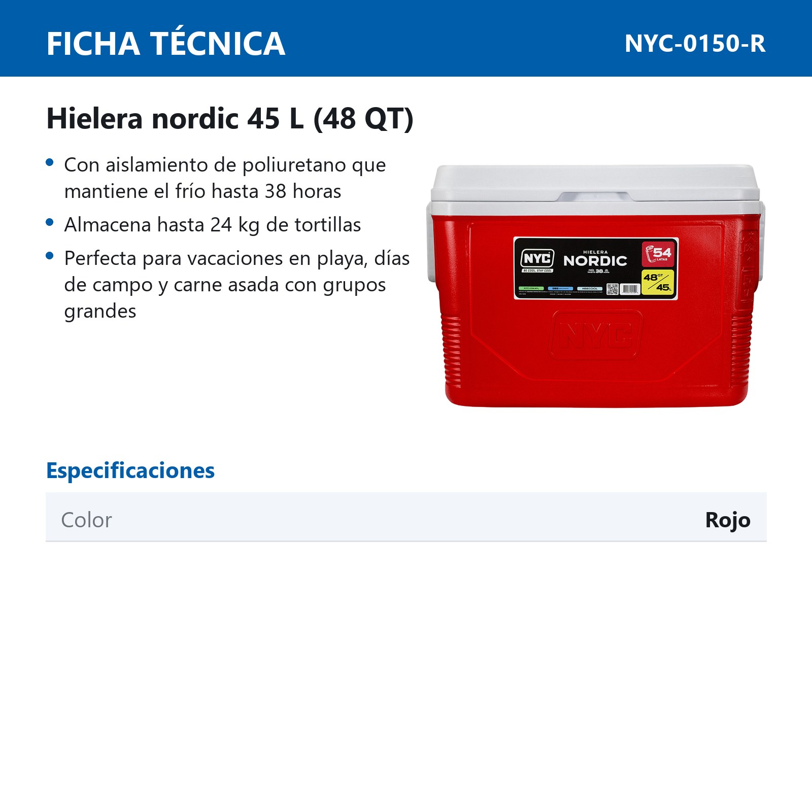 HIELERA NYC NORDIC 48 QTS. ROJO - Imagen 2