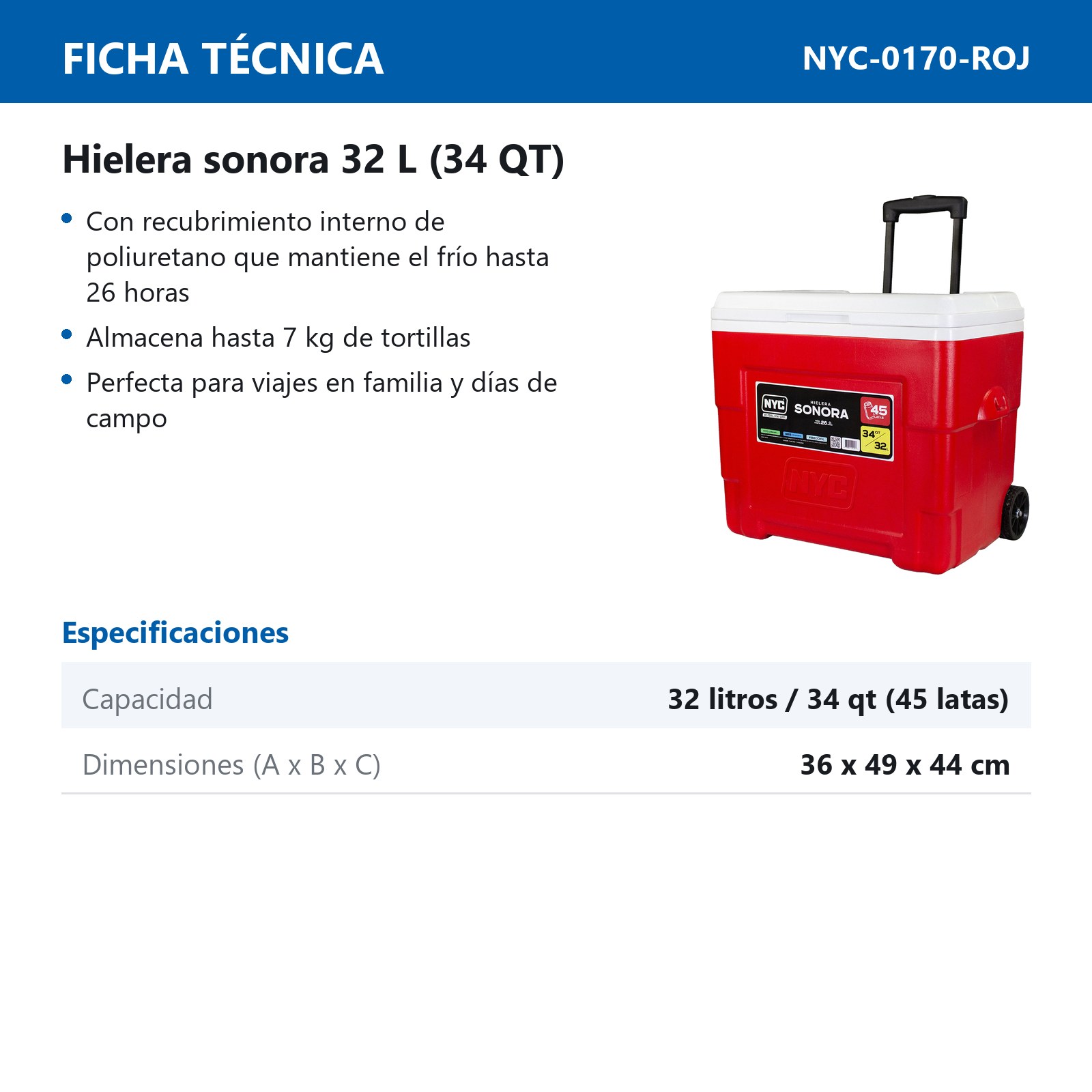 HIELERA NYC SONORA 34 QTS ROJO - Imagen 2