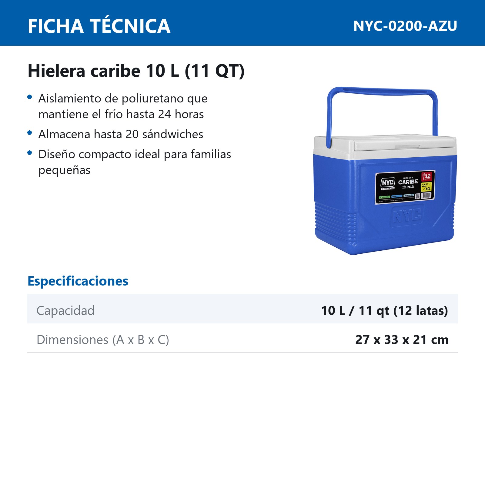 HIELERA NYC CARIBE 11 QTS AZUL - Imagen 2