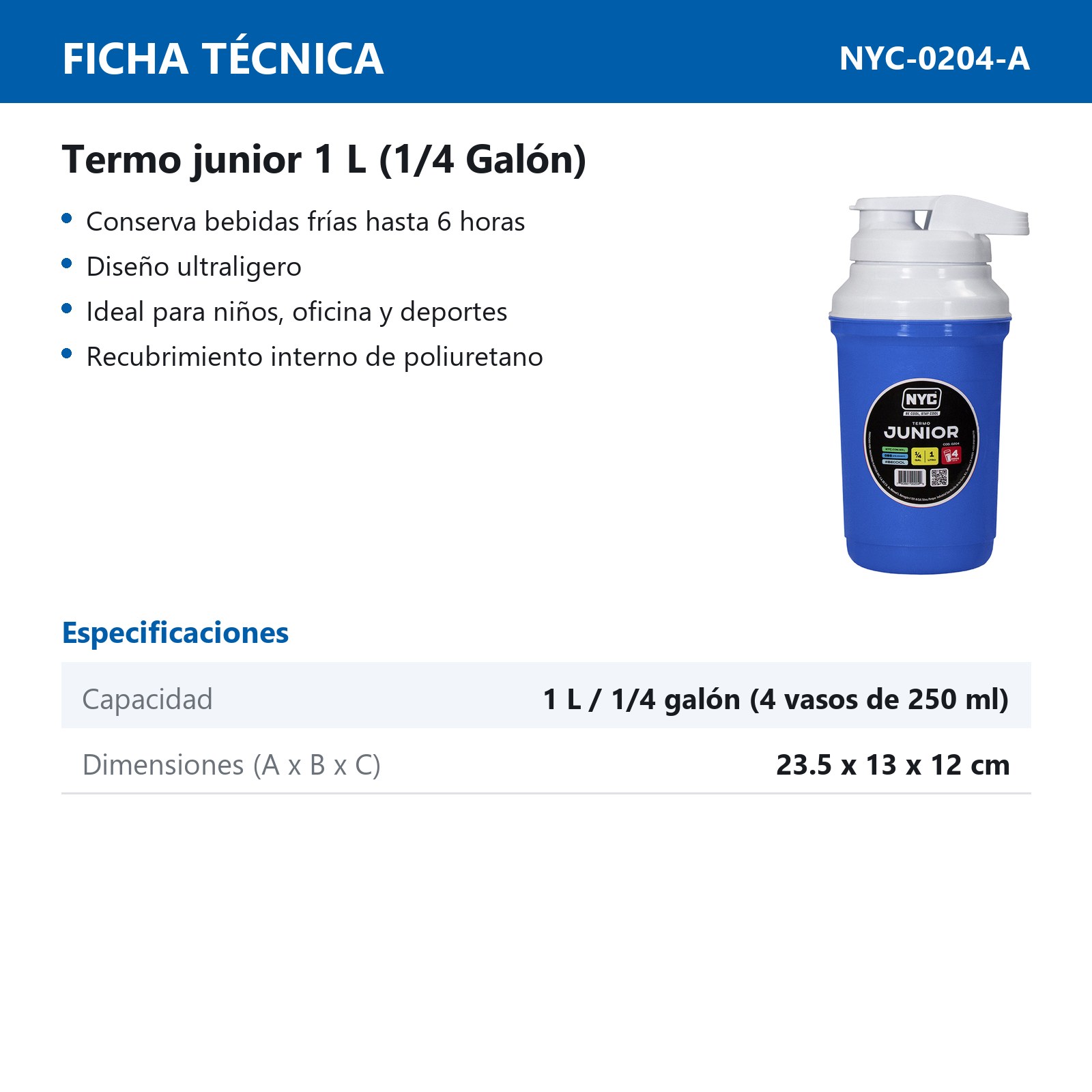 TERMO NYC JUNIOR 1/4 GALONES AZUL (1 LITRO) - Imagen 2