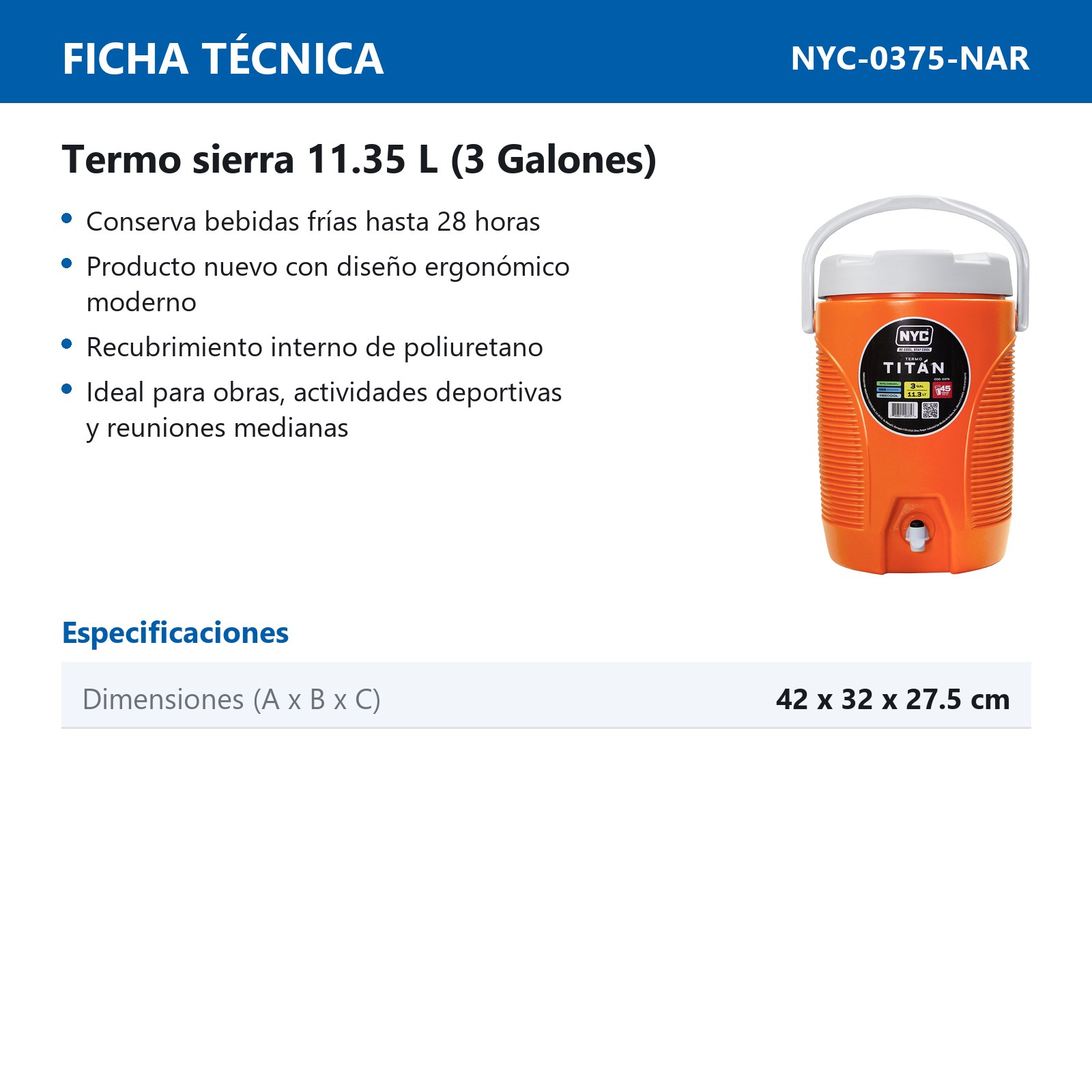 TERMO NYC TITAN 3 GALONES NARANJA - Imagen 2