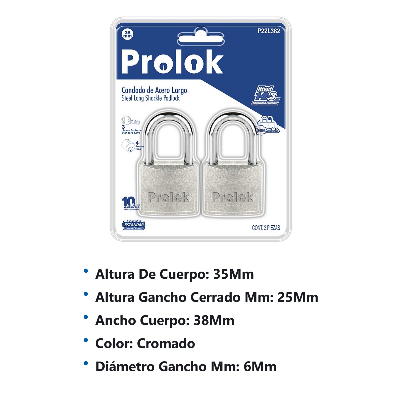 Juego de candados de acero largos 38 mm, llave estándar, 2 piezas Prolok - Imagen 2