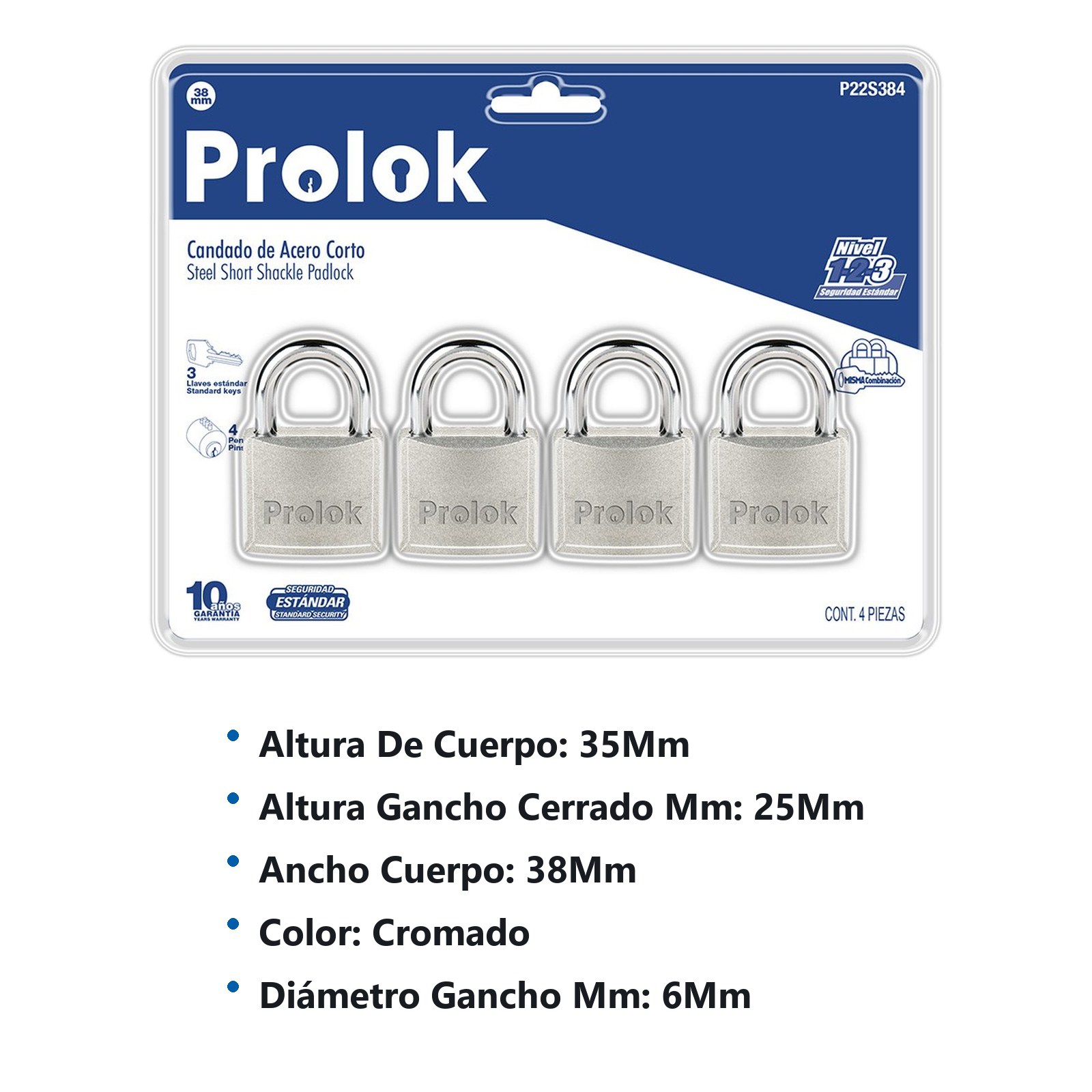 Juego de candados de acero cortos 38 mm, llave estándar, 4 piezas Prolok - Imagen 2