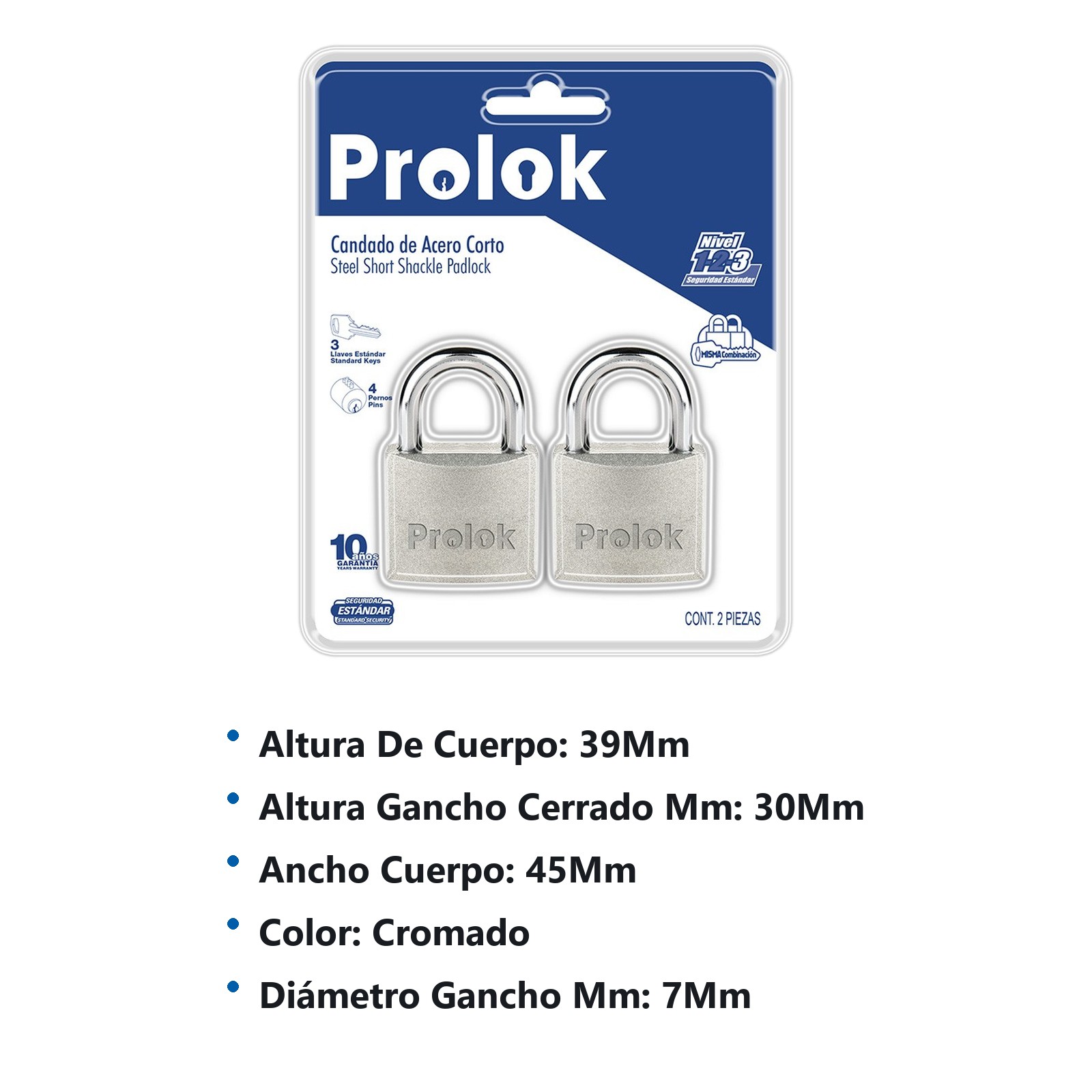 Juego de candados de acero cortos 45 mm, llave estándar, 2 piezas Prolok - Imagen 2