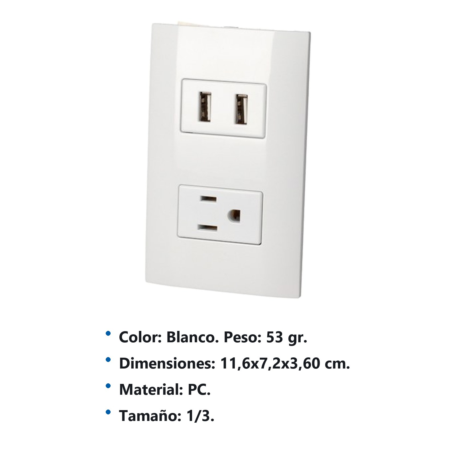 Placa 1 contacto 1 USB doble 1/3, línea Americana, color blanco Surtek - Imagen 2