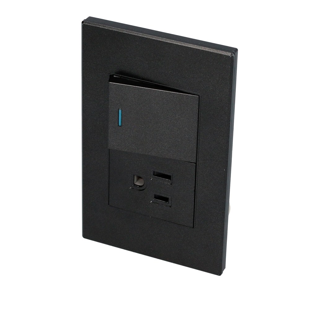 Placa 1 Interruptor 1 contacto 1/2, línea Premium, color negro Surtek