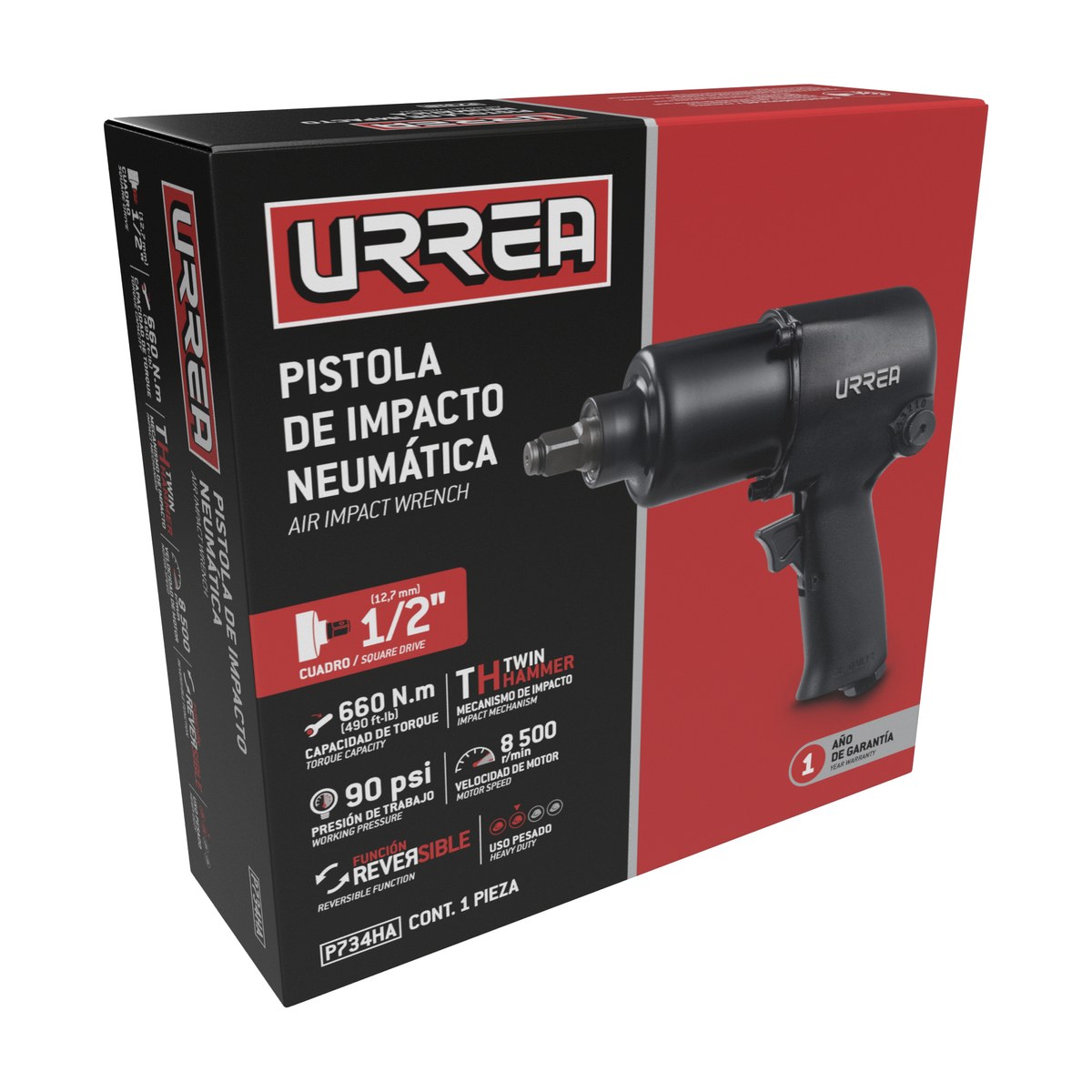 Pistola de impacto neumática cuadro de 1/2" 490 Ft-lb composite sistema twin hammer Urrea - Imagen 2