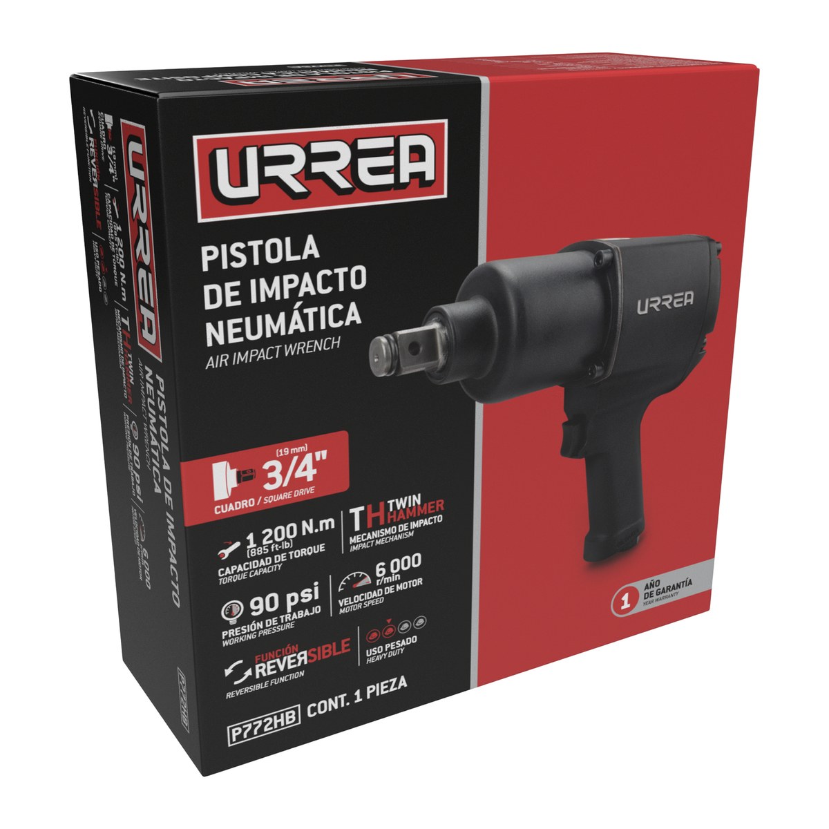 Pistola de impacto neumática cuadro de 3/4" 885 Ft-lb sistema twin hammer Urrea - Imagen 2