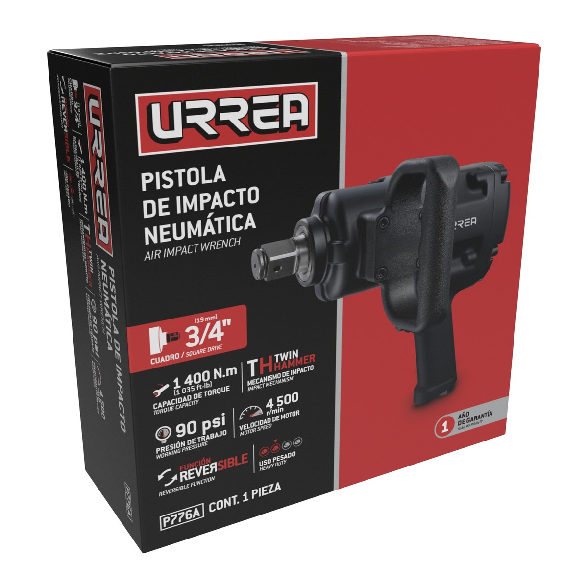 Pistola de impacto neumática cuadro de 3/4" 1,035 Ft-lb sistema twin hammer Urrea - Imagen 2