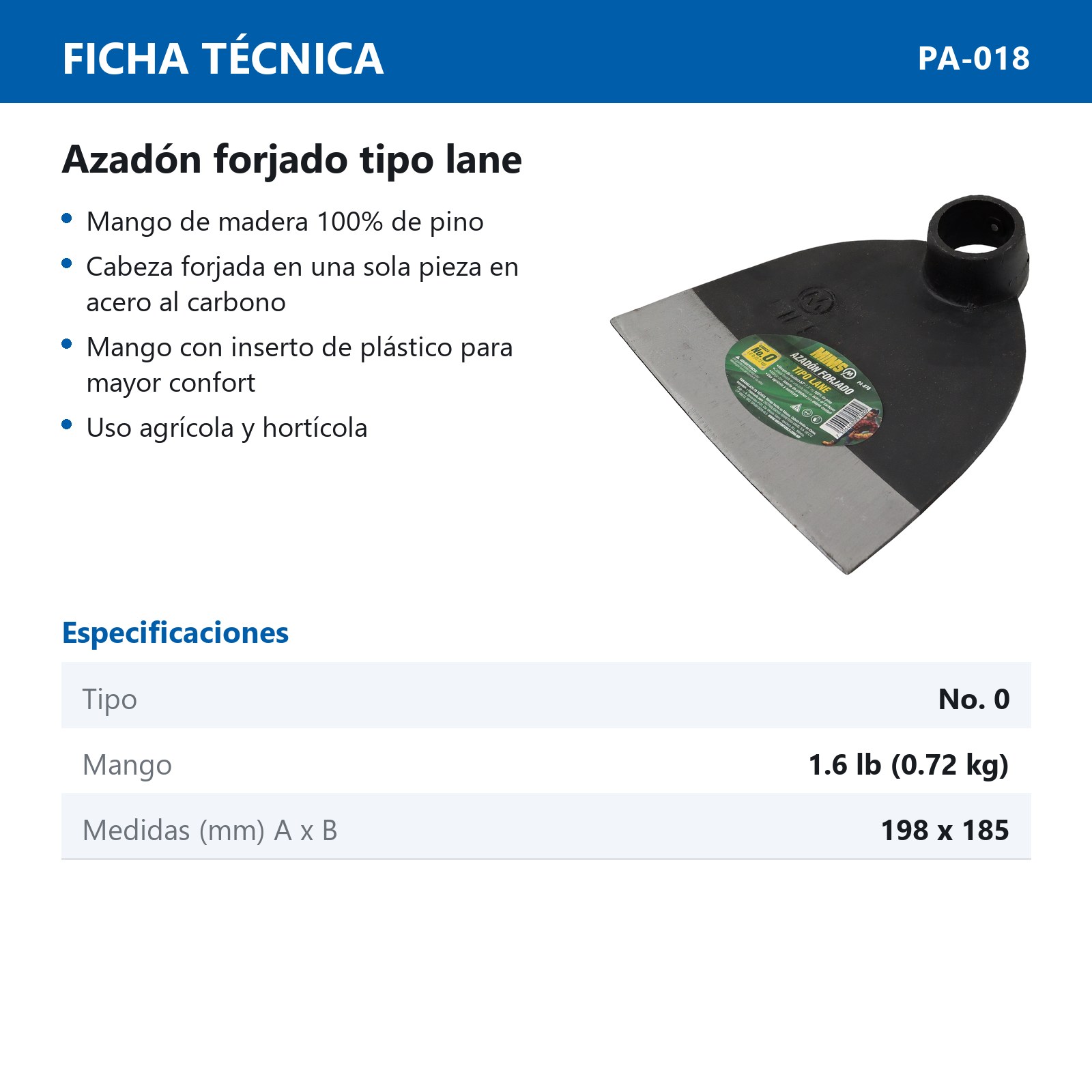 AZADON FORJADO TIPO LANE NO-0 1.6 LB (0.7KG) SIN MANGO - Imagen 4