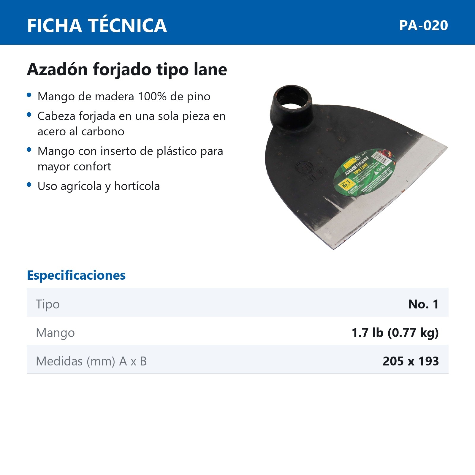 AZADON FORJADO TIPO LANE NO-1 1.7 LB (0.75KG)  SIN MANGO - Imagen 4