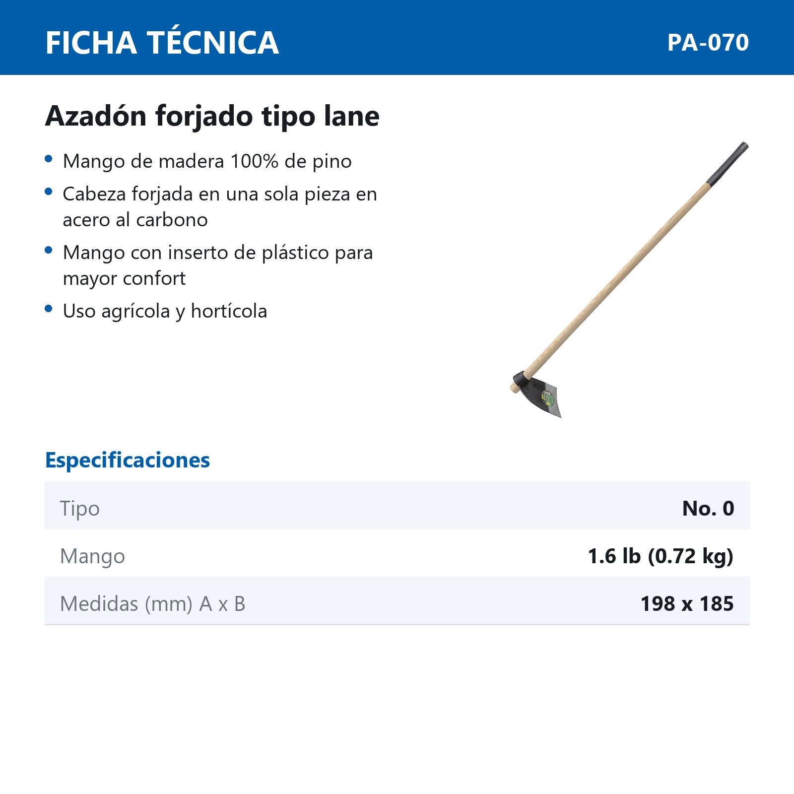 AZADON FORJADO TIPO LANE NO-0 1.6 LB (0.7KG) CON MANGO DE MADERA - Imagen 4