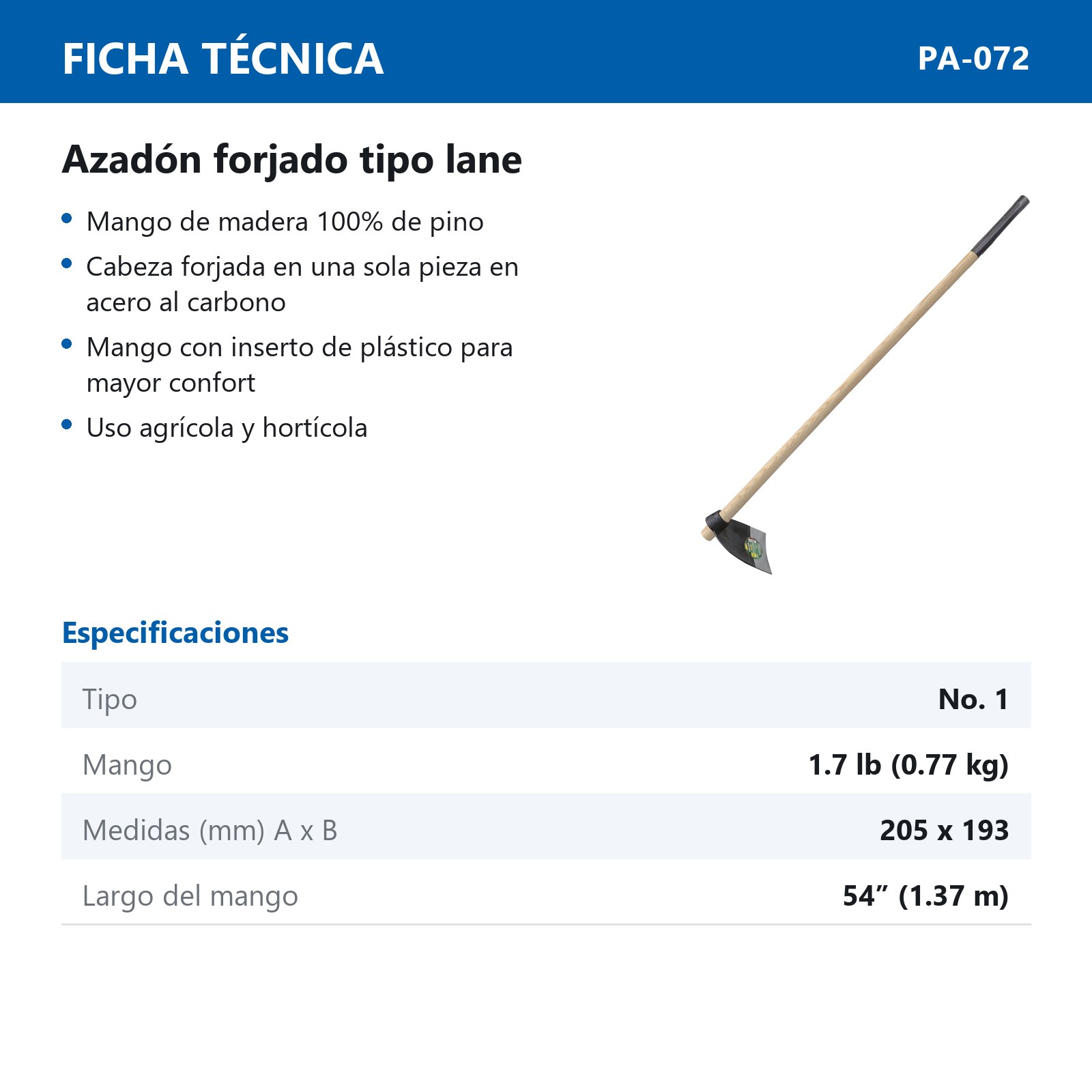 AZADON FORJADO TIPO LANE NO-1 1.7 LB (0.75KG)  CON MANGO DE MADERA - Imagen 4