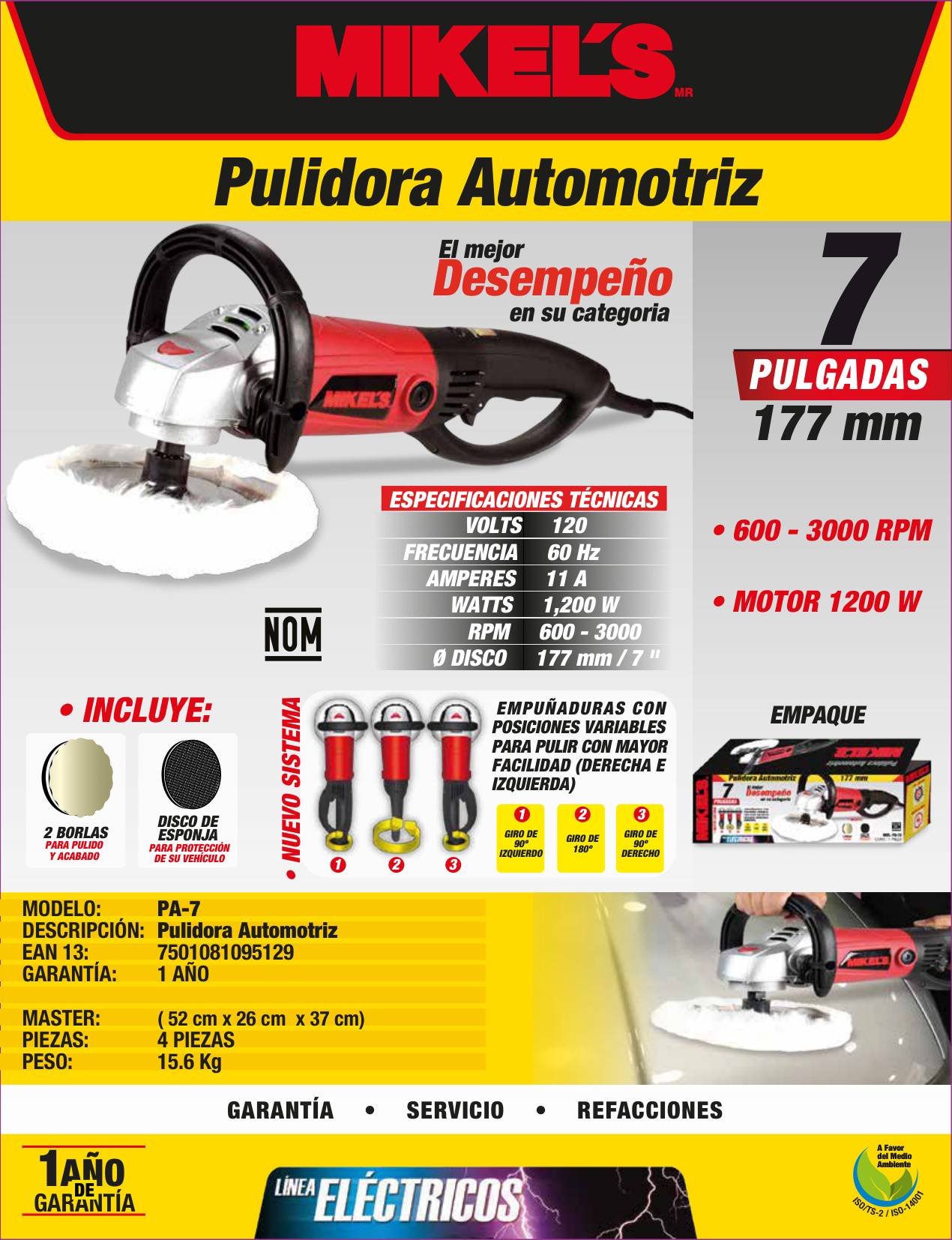 MIKELS PA-7 Pulidora automotriz heavy duty (7”, 3000 RPM) - Imagen 4