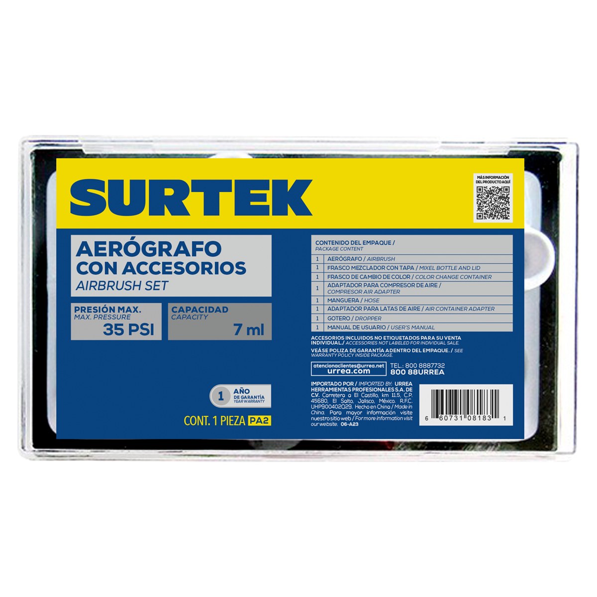 Juego de aerógrafo por succión capacidad 20 ml 35 PSI, 7 piezas Surtek - Imagen 2