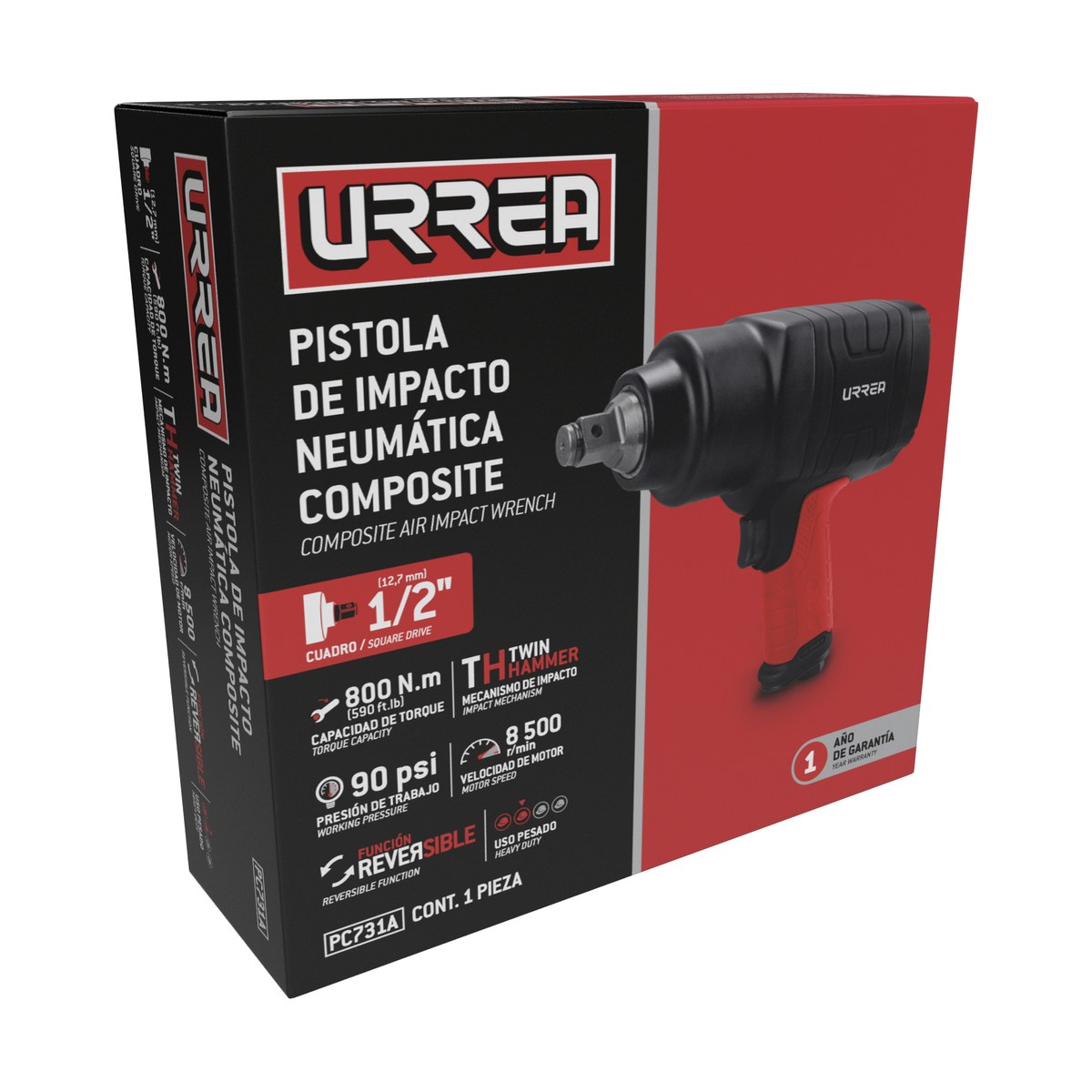 Pistola de impacto neumática cuadro de 1/2" 590 Ft-lb composite sistema twin hammer Urrea - Imagen 2