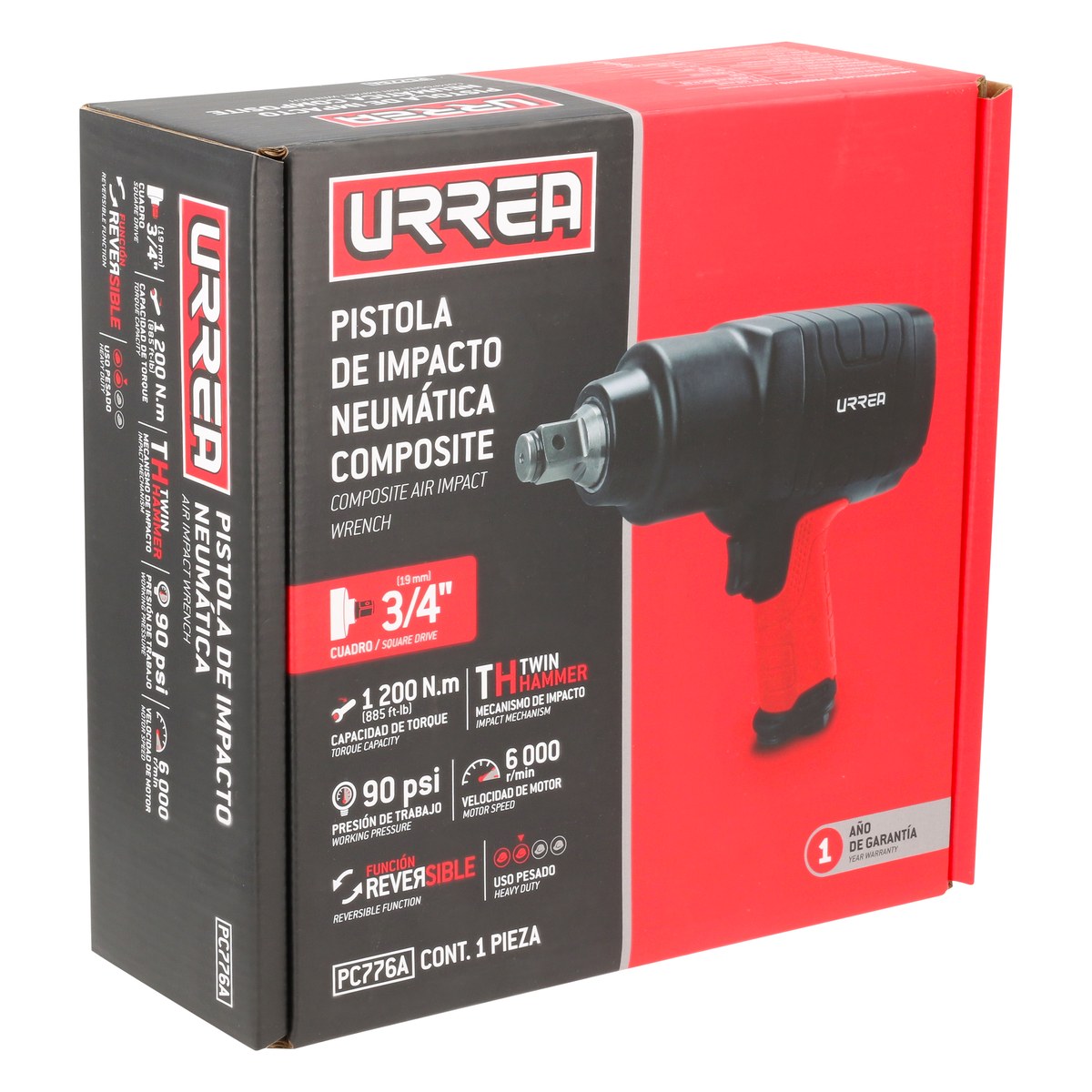 Pistola de impacto neumática cuadro de 3/4" 885 Ft-lb composite sistema twin hammer Urrea - Imagen 3