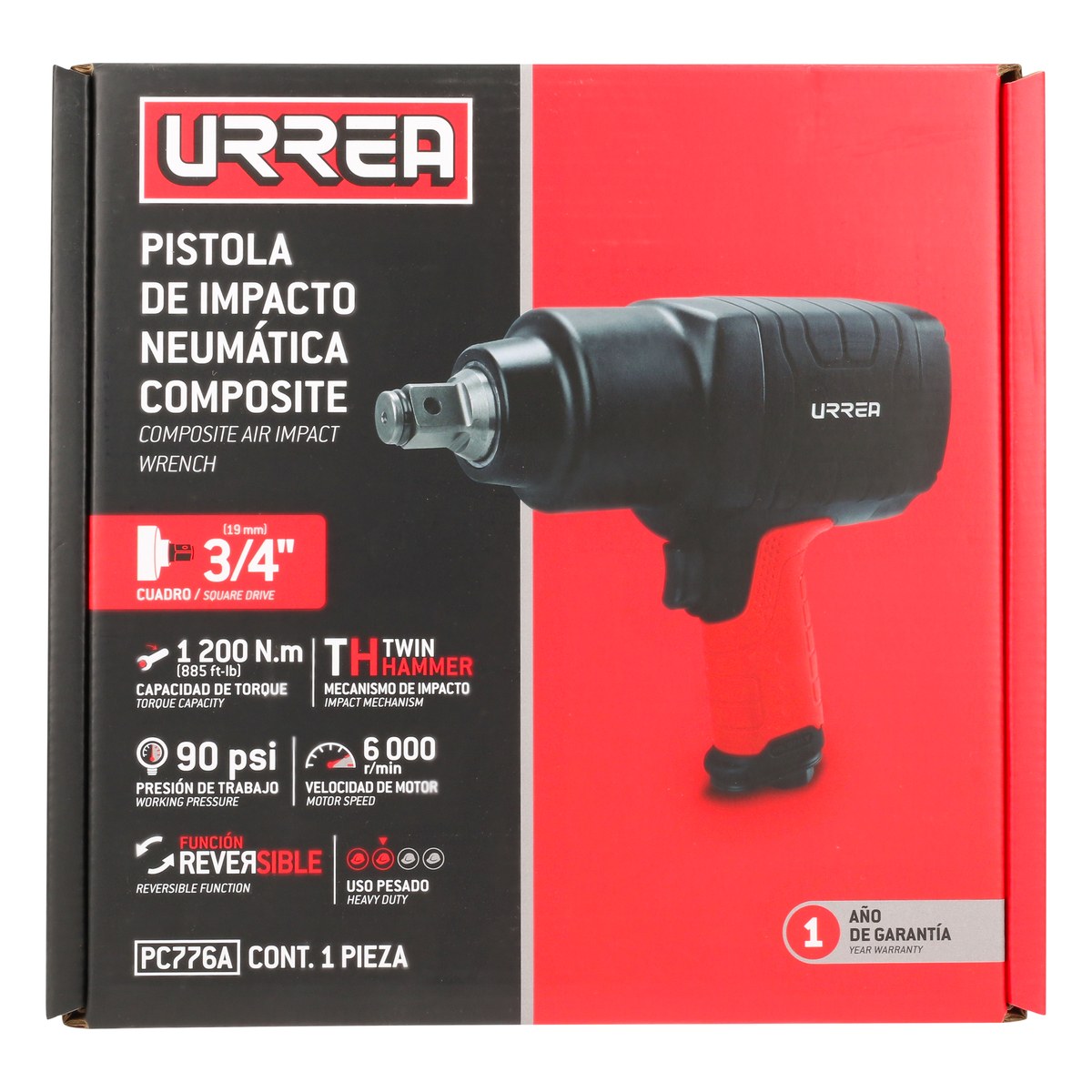 Pistola de impacto neumática cuadro de 3/4" 885 Ft-lb composite sistema twin hammer Urrea - Imagen 4