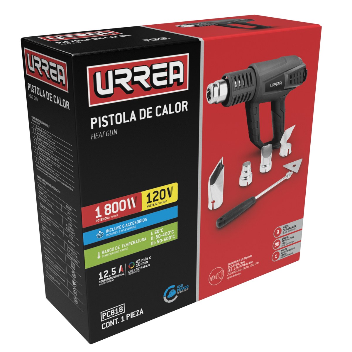 Pistola de calor contra sobrecalentamiento 1800 W, 50°C a 600°C, 120 V, 6 acc Urrea - Imagen 3