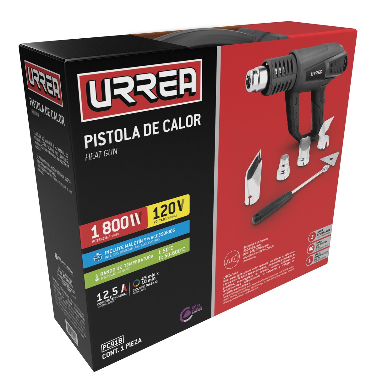 Pistola de calor contra sobrecalentamiento 1800 W, 50°C a 600°C, 120 V, 6 acc, maletin LCD Urrea - Imagen 3