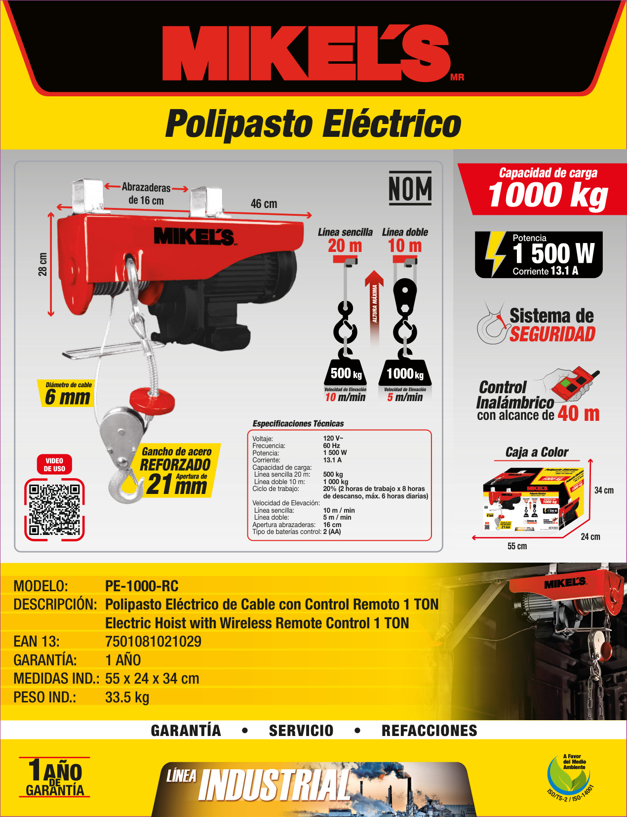 MIKELS PE-1000-RC Polipasto eléctrico (1 ton con control remoto) - Imagen 4