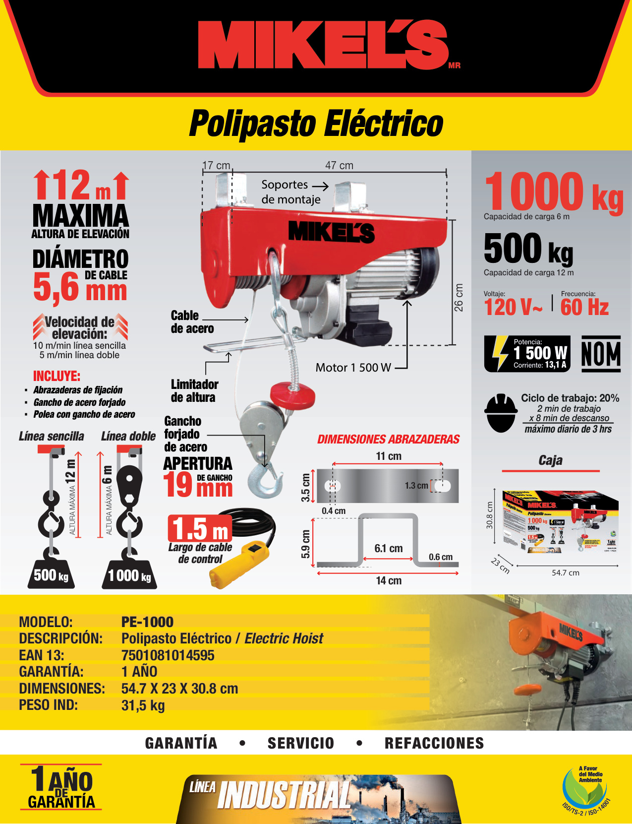MIKELS PE-1000 Polipasto eléctrico (1 ton, cable 12 mts) - Imagen 4