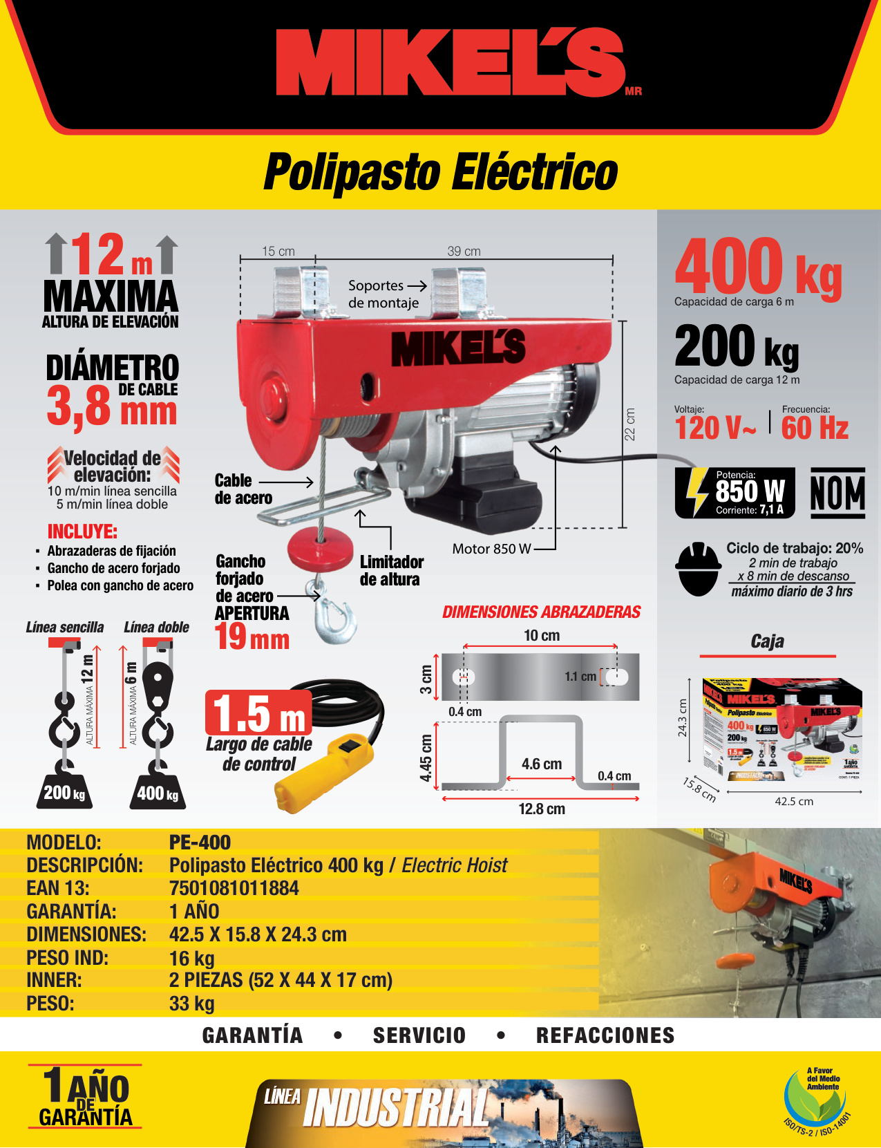 MIKELS PE-400 Polipasto eléctrico (400 kgs, cable 12 mts) - Imagen 4