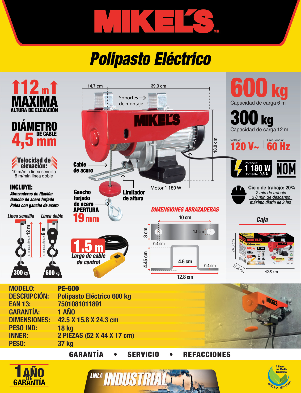 MIKELS PE-600 Polipasto eléctrico (600 kgs, cable 12 mts) - Imagen 4