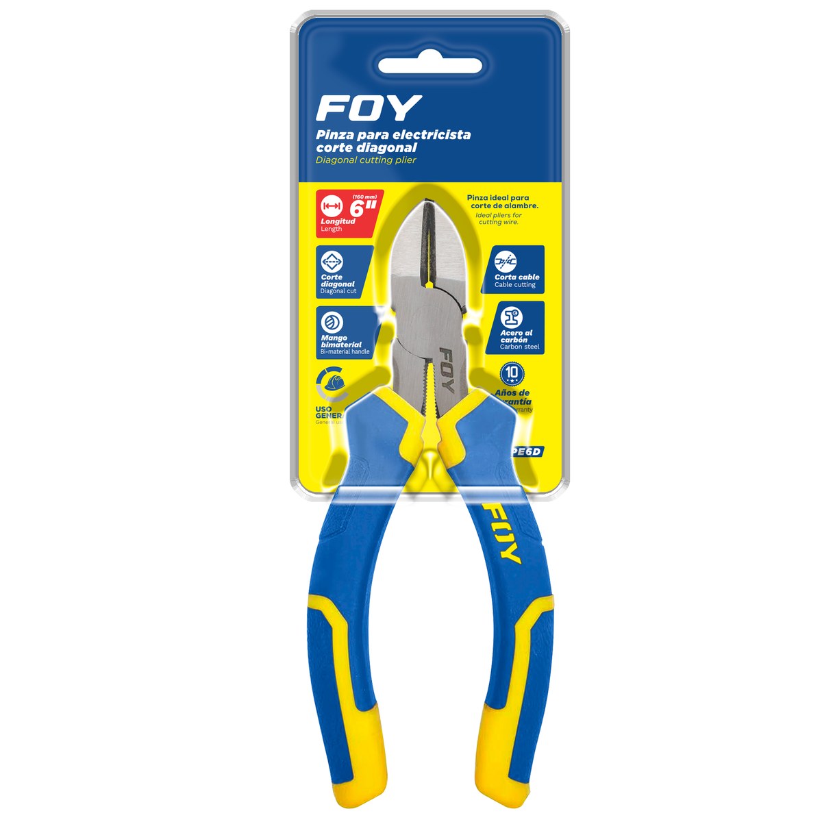 Pinza para electricista con mango bimaterial corte diagonal de 6" Foy - Imagen 2