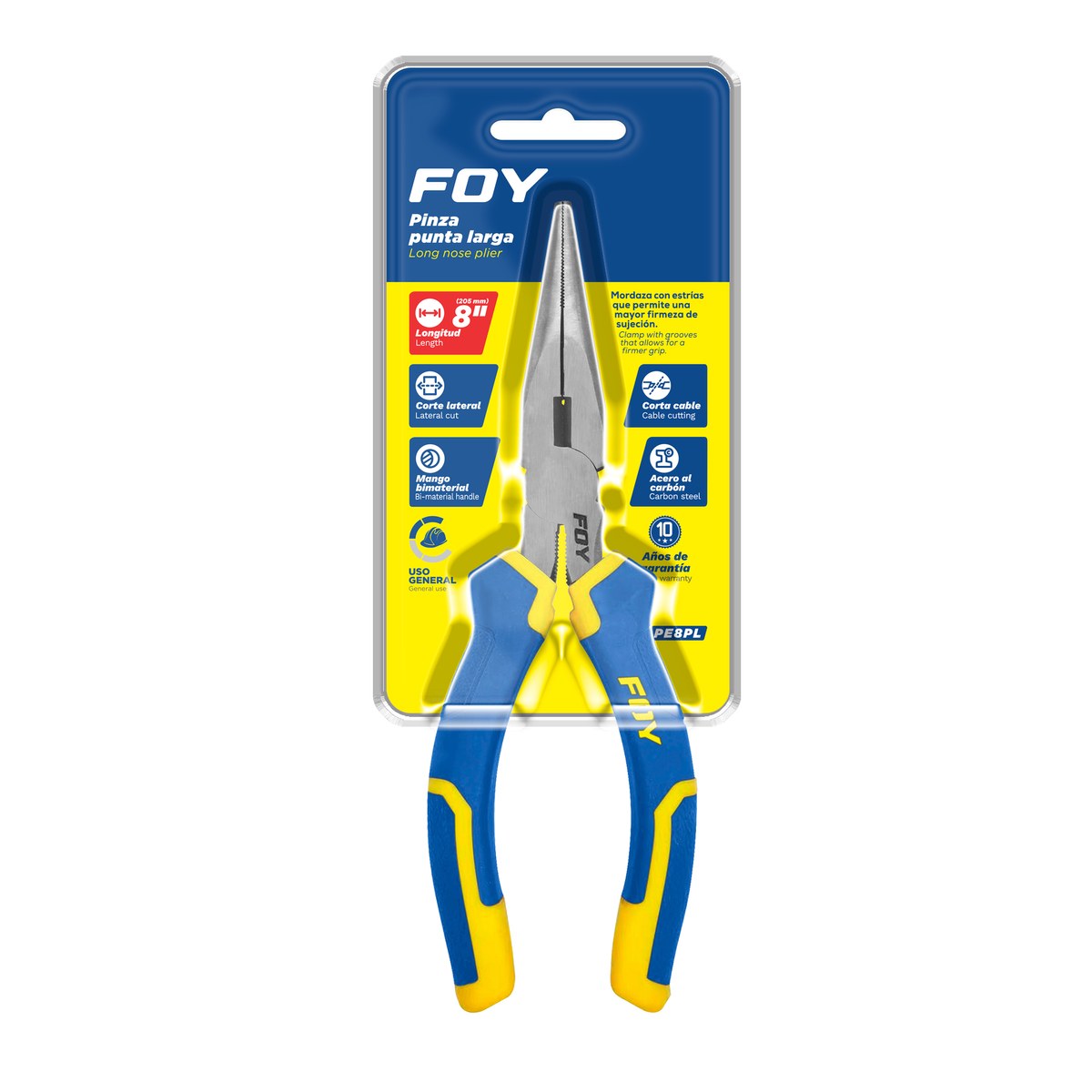 Pinza para electricista con mango bimaterial punta larga de 8" Foy - Imagen 2