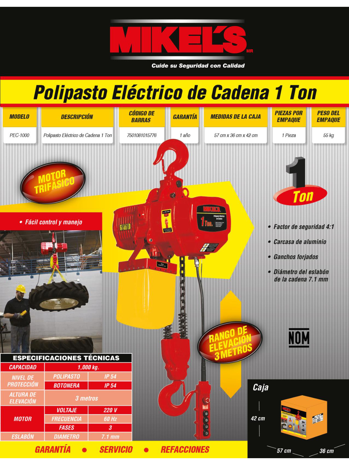 MIKELS PEC-1000 Polipasto eléctrico de cadena (1 ton, cadena 3 mts) - Imagen 2