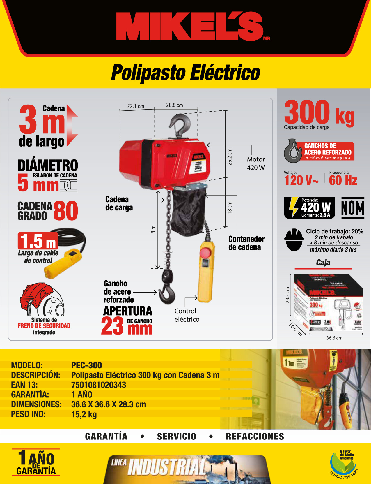 MIKELS PEC-300 Polipasto eléctrico (300 kgs, cadena 3 mts) - Imagen 4