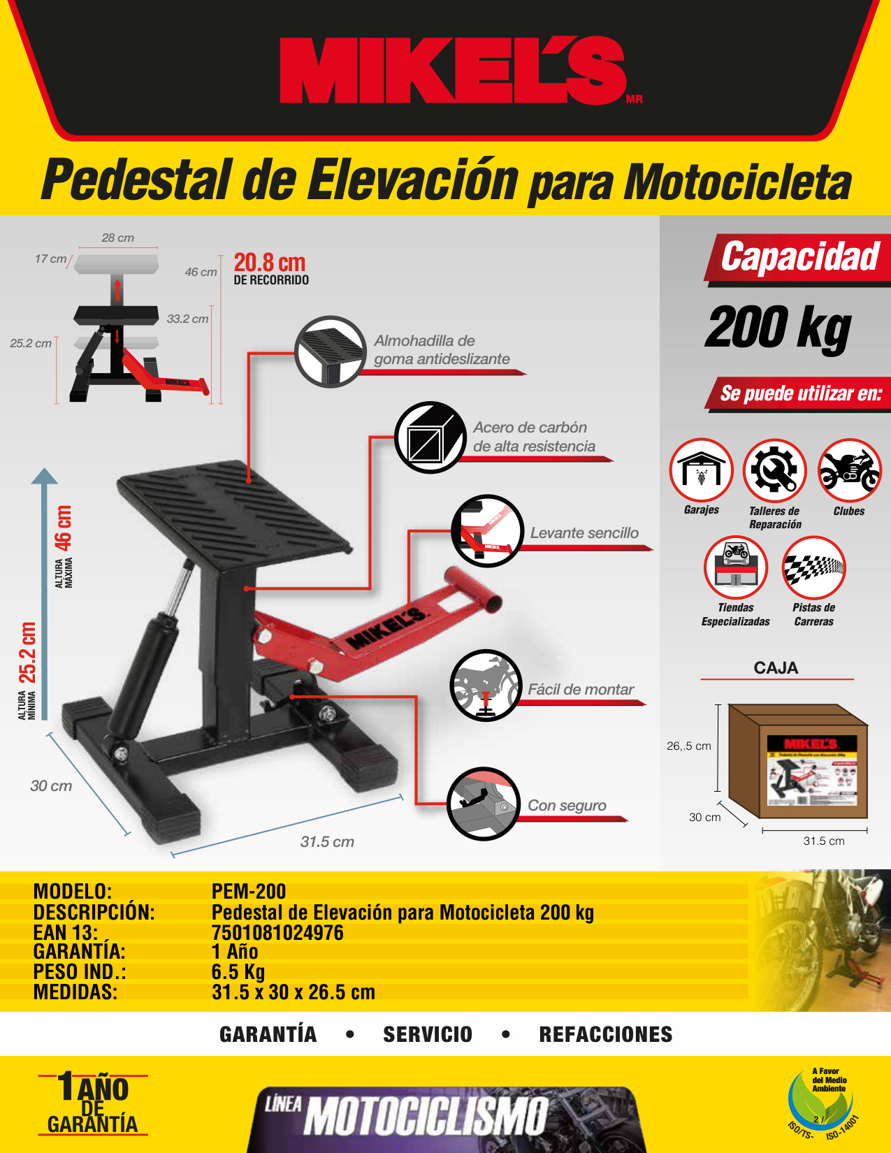 MIKELS PEM-200 Pedestal de elevación para motocicleta (200 kgs) - Imagen 2