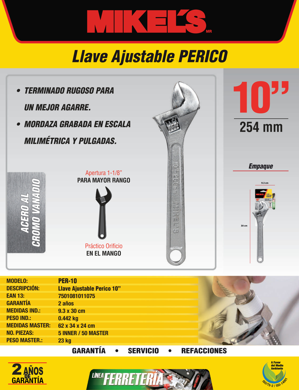 MIKELS PER-10 Llave ajustable PERICO 10” cromo vanadio - Imagen 4