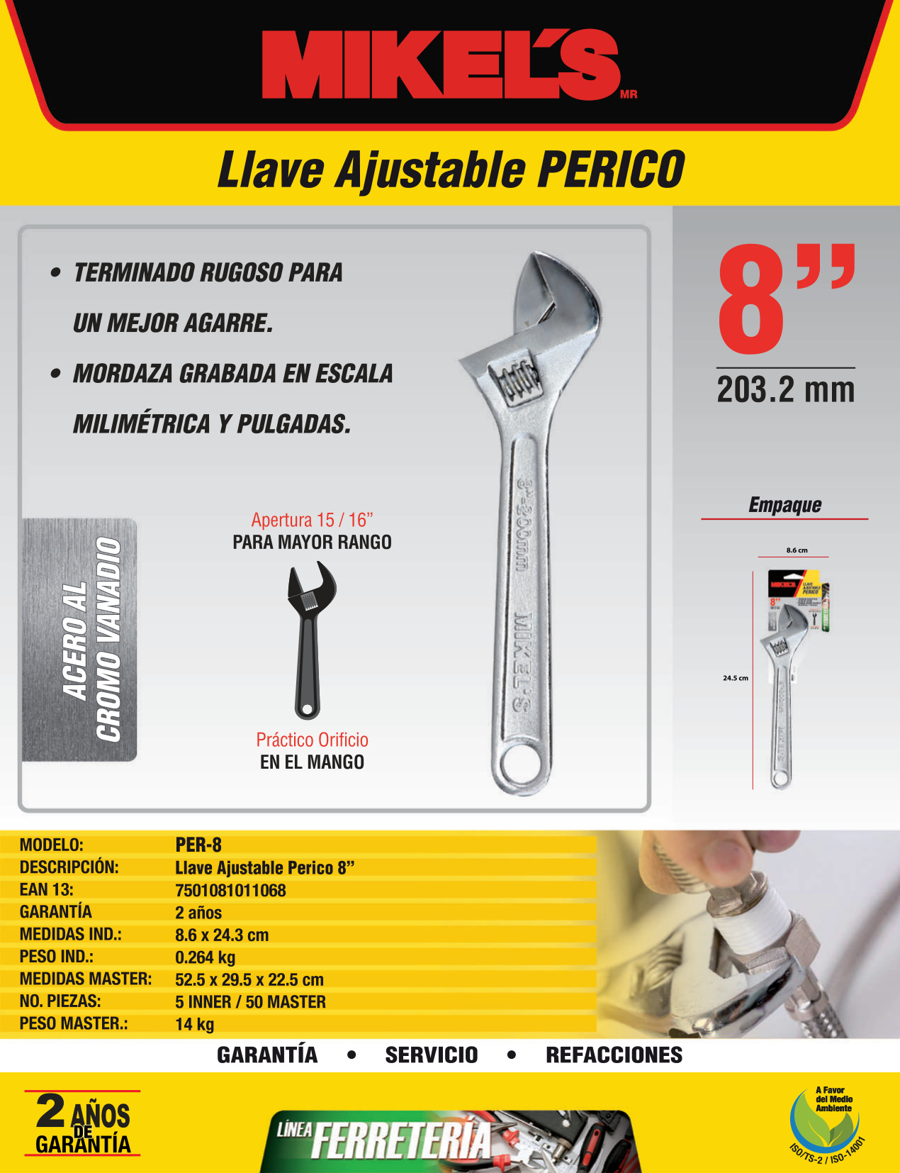 MIKELS PER-8 Llave ajustable PERICO 8” cromo vanadio - Imagen 4