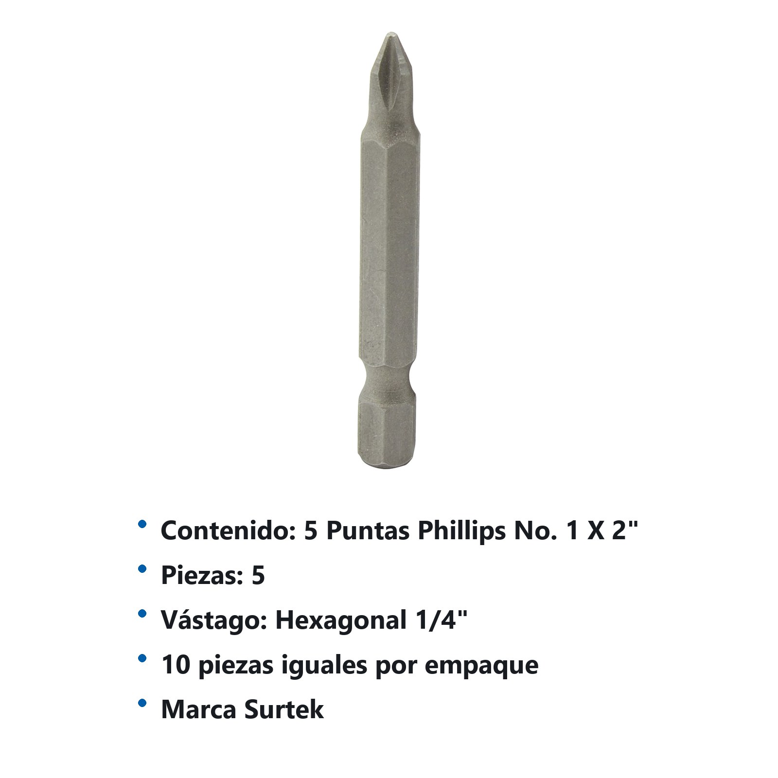 Punta phillips hexágono de 1/4", #1 x 2" Surtek - Imagen 3
