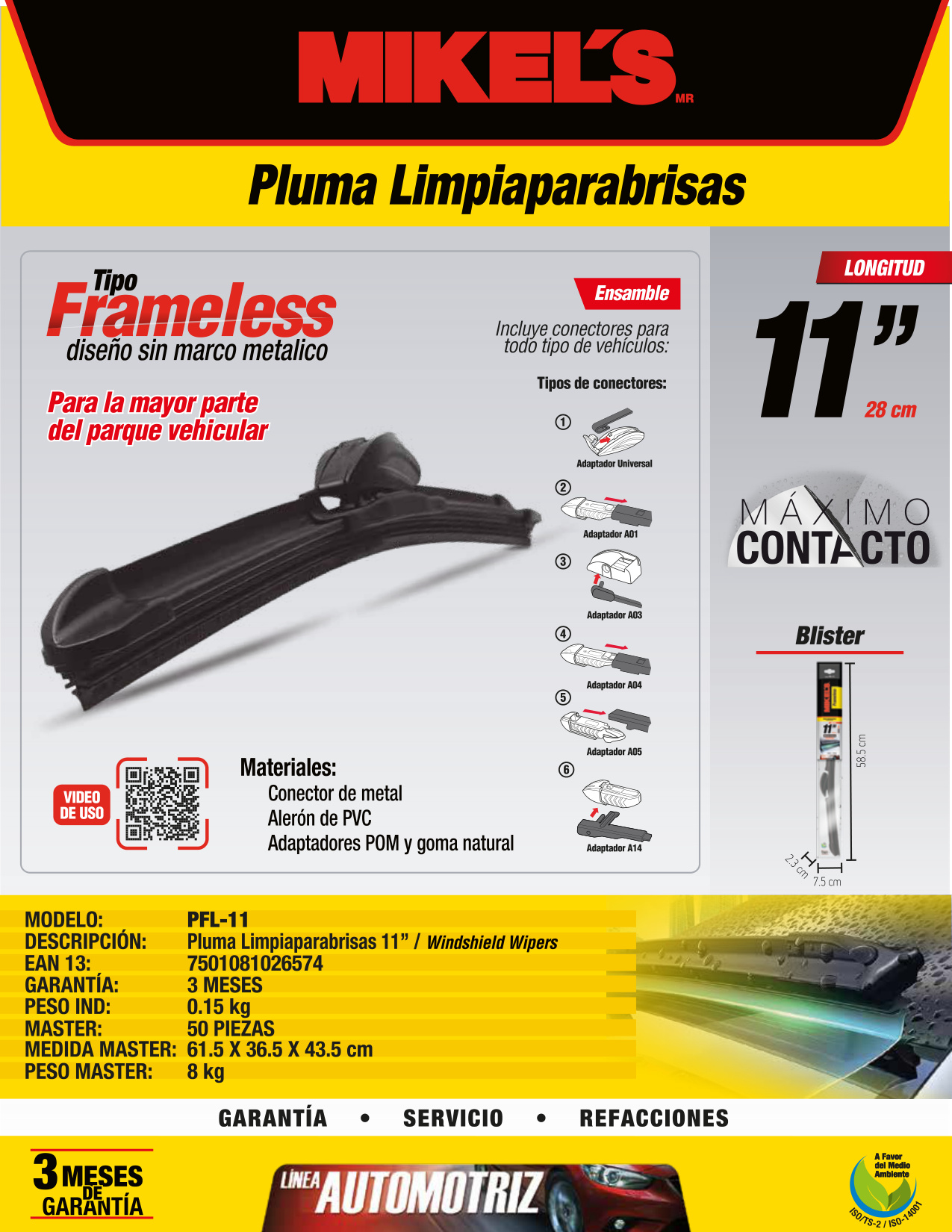 MIKELS PFL-11 Limpiaparabrisas tipo frameless 11” (Individual) - Imagen 2