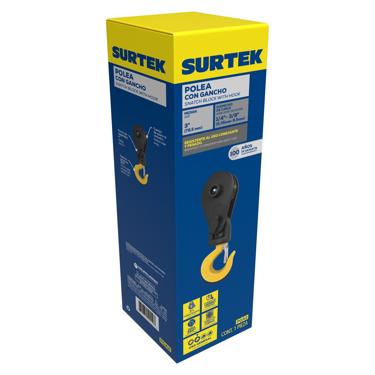Polea con gancho para cable 3/8", 2 ton Surtek - Imagen 2
