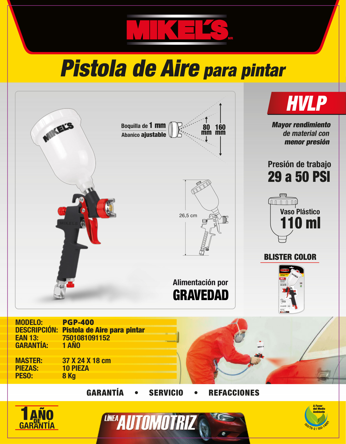 MIKELS PGP-400 Pistola de aire para pintar (50 PSI / 100 c.c.) - Imagen 4