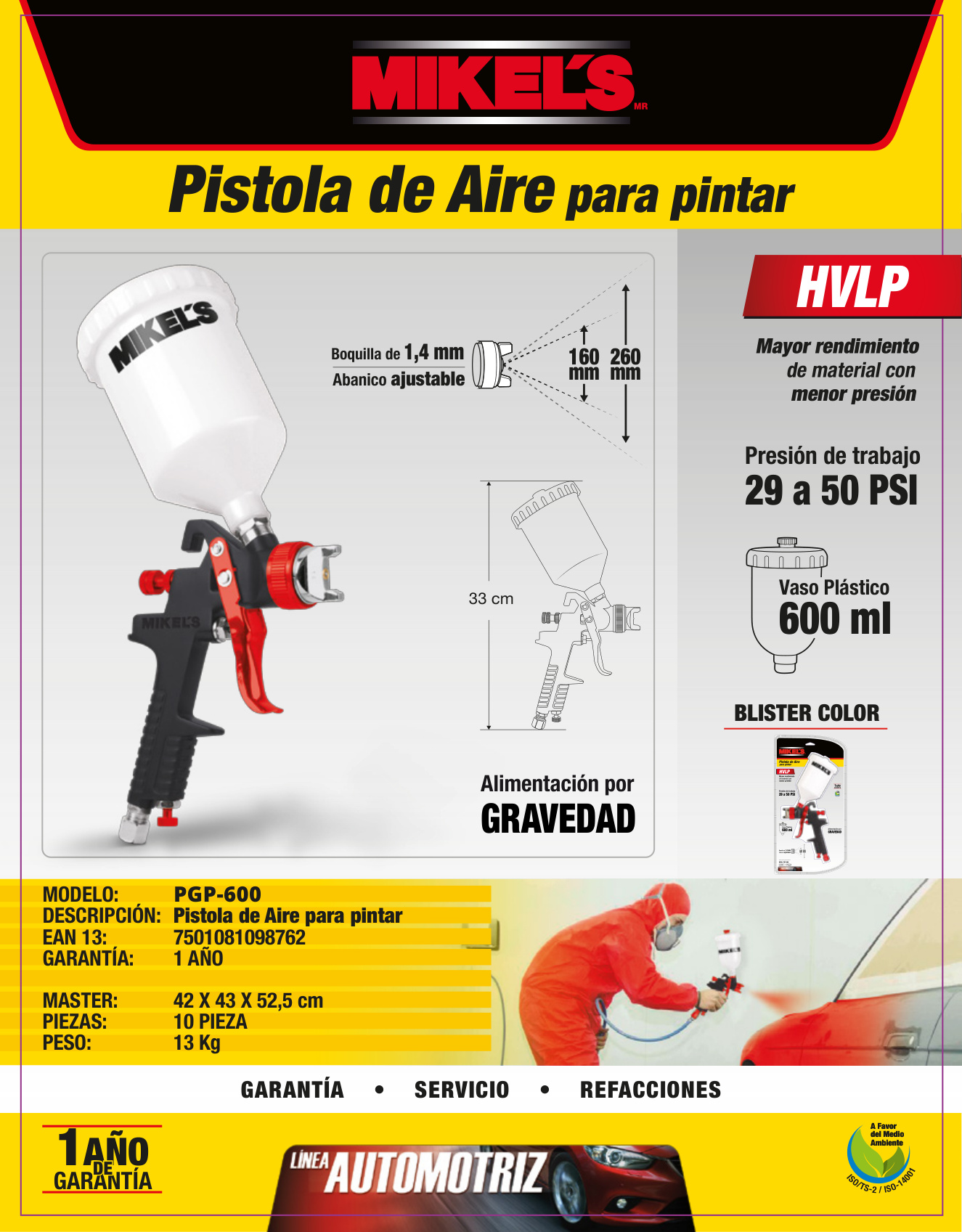 MIKELS PGP-600 Pistola de aire para pintar HVLP gravedad (600 ml / 50 PSI) - Imagen 4