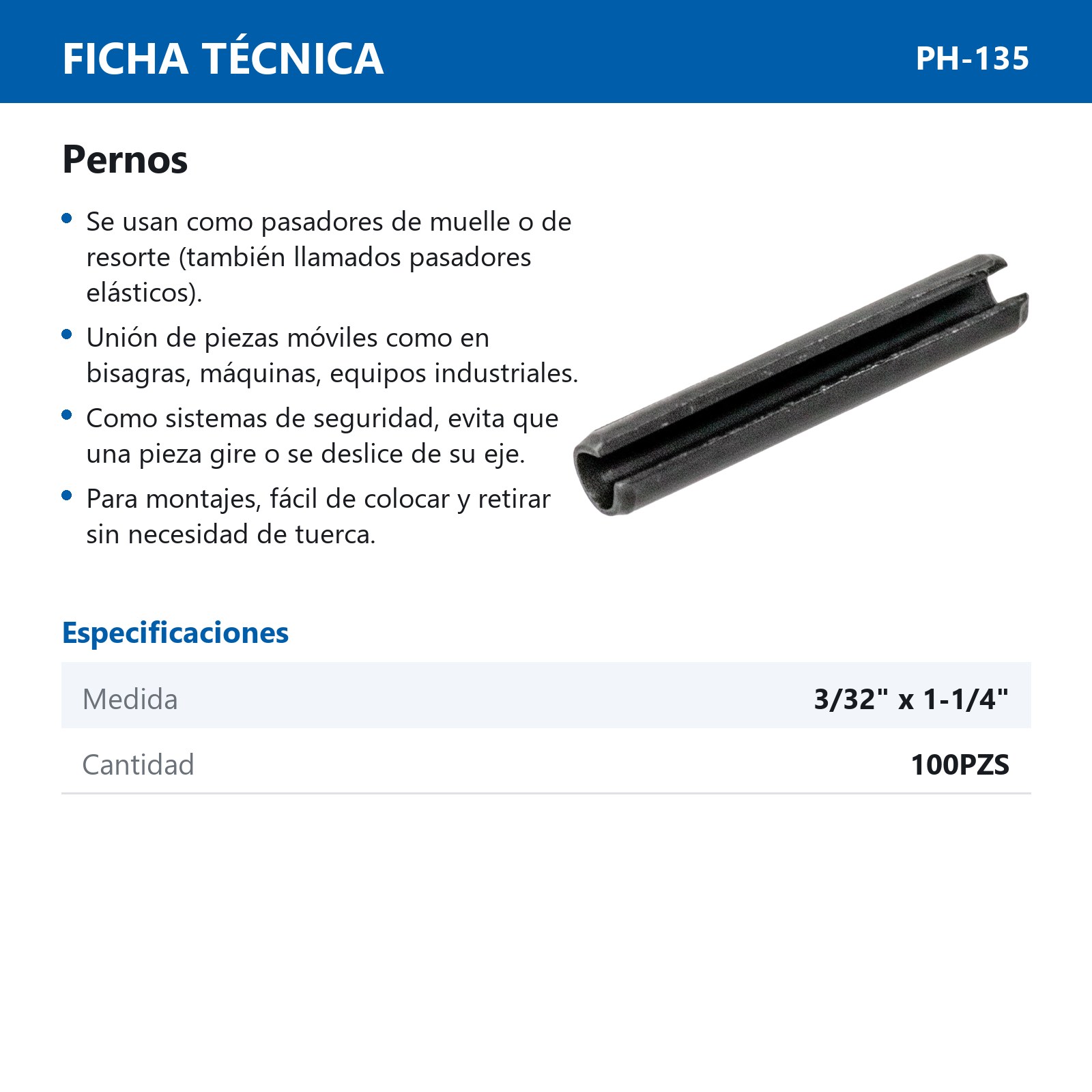 PERNO HUECO RANURADO 3/32 x 1 1/4 (BOLSA C/100 PZS) - Imagen 3