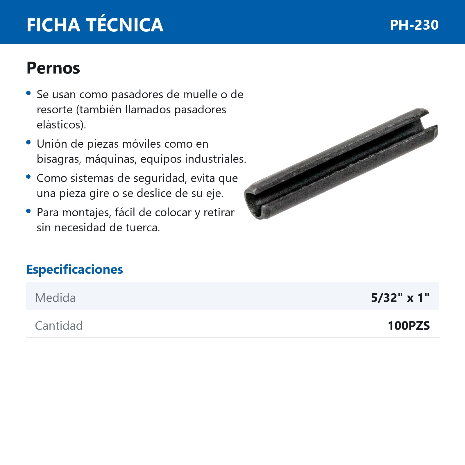 PERNO HUECO RANURADO 5/32 x 1 (BOLSA C/100 PZS) - Imagen 3