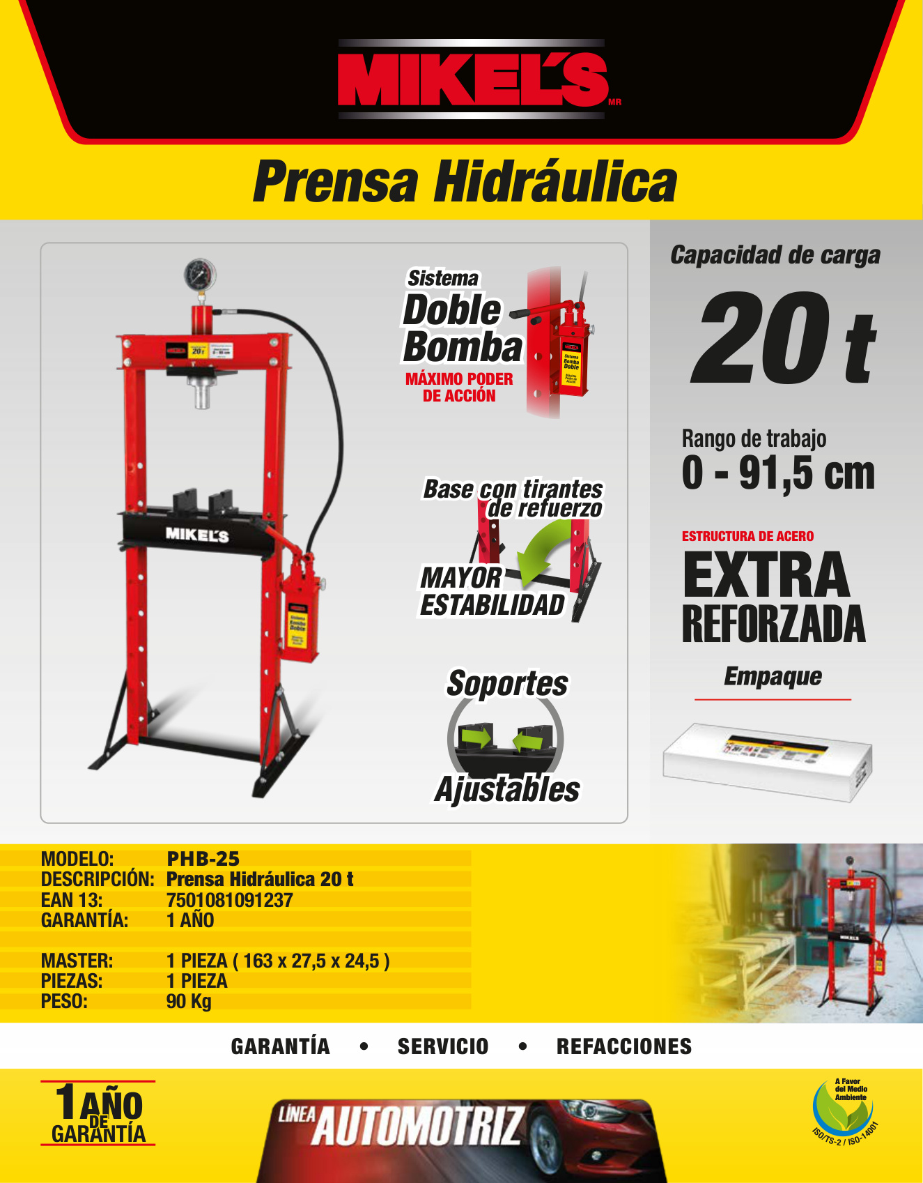 MIKELS PHB-25 Prensa hidroneumática con pistón y manómetro (20 ton) - Imagen 4