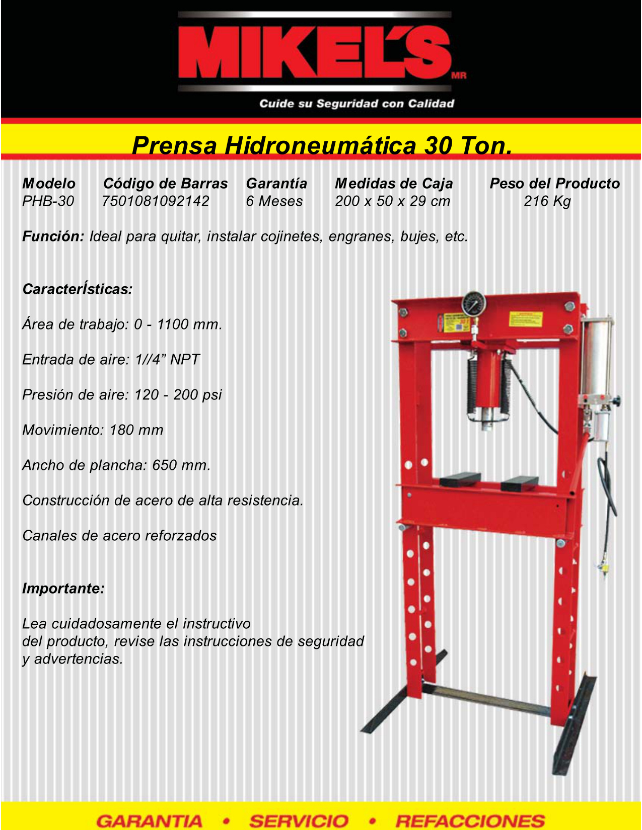 MIKELS PHB-30 Prensa hidroneumática con pistón y manómetro (30 ton) - Imagen 2