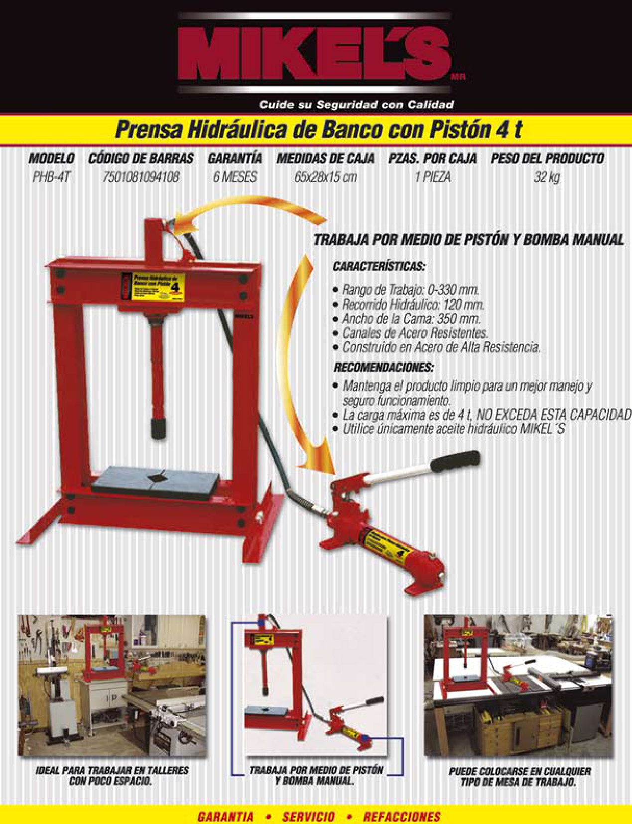 MIKELS PHB-4T Prensa hidráulica de banco con pistón (4 ton) - Imagen 4